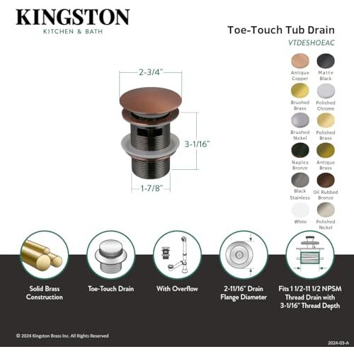 Kingston Brass Vtdeshoeorb Trimscape Toe-Touch Tub Overflow, 1-1/2"" Threaded Drain, Oil Rubbed Bronze