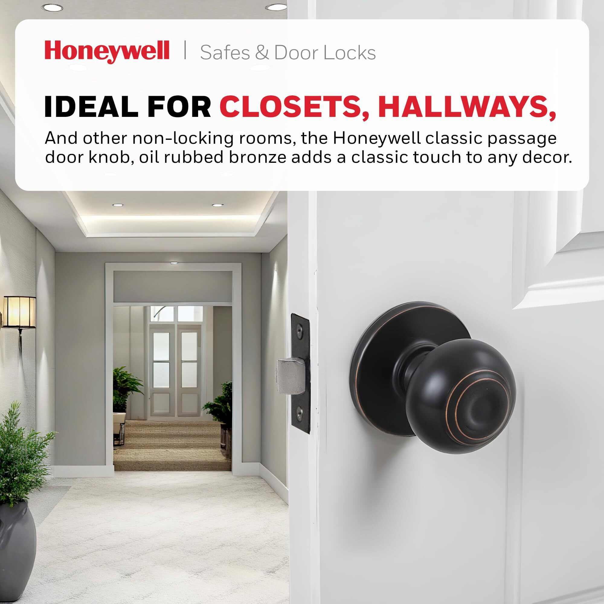 Honeywell Safes & Door Locks - Classic Passage Door Knob Interior - Ideal For Closets, Hallways & Non-Locking Bedroom Door Knobs With Easy Installation - 5.25"&quotL X 2.75"&quotW - Oil Rubbed Bronze - 8101403