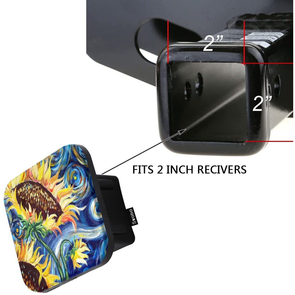 Swono 2"" Hitch Cover Sunflowers, Starry Night Sunflower Field Oil Painting Trailer Hitch Cover Tube Plug Cap, Rubber Receiver Tube Hitch Plug For Most Vehicles