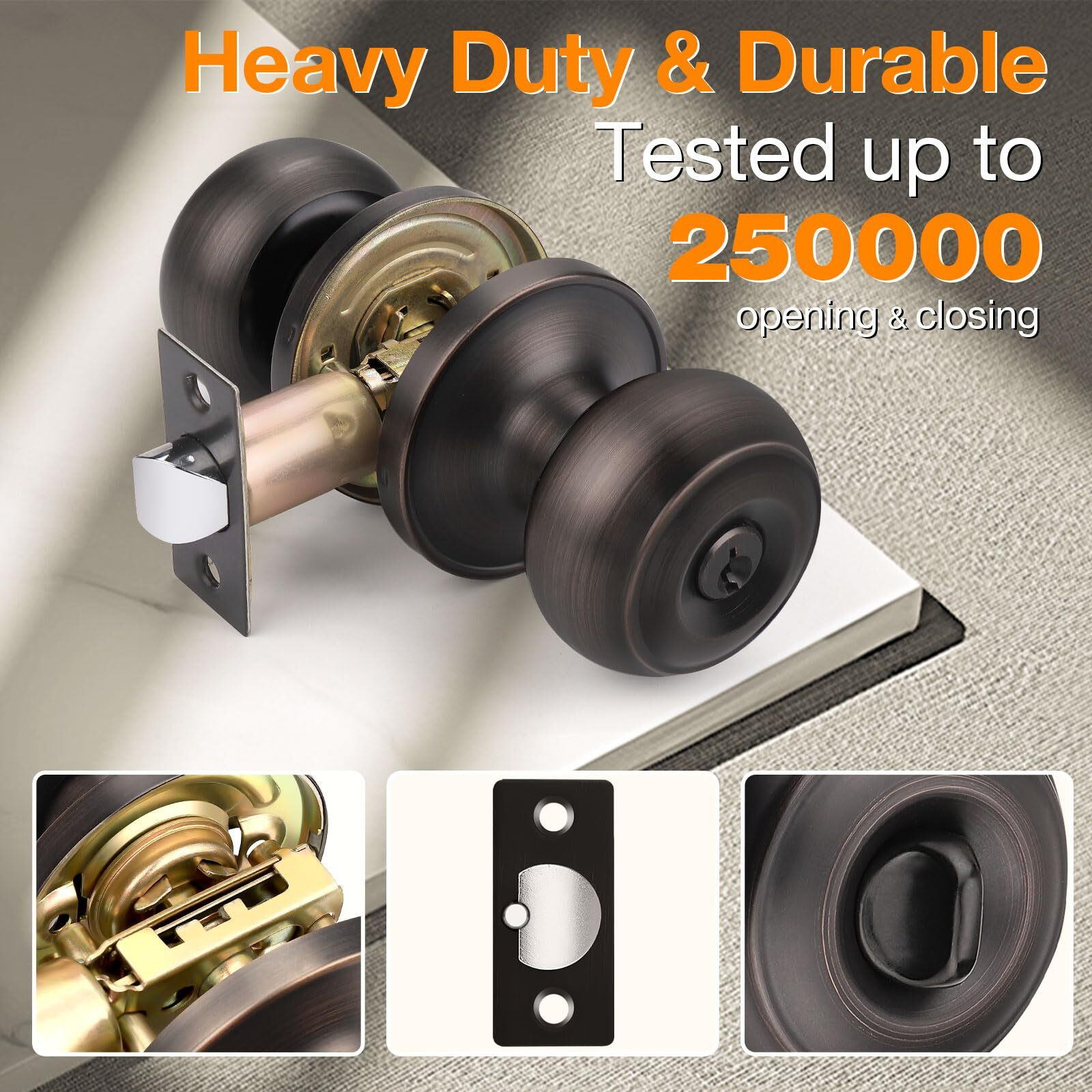 Gobrico Flat Ball Round Keyed-Alike Entry Knob For Exterior Door Oil Rubbed Bronze Finished 3Pack