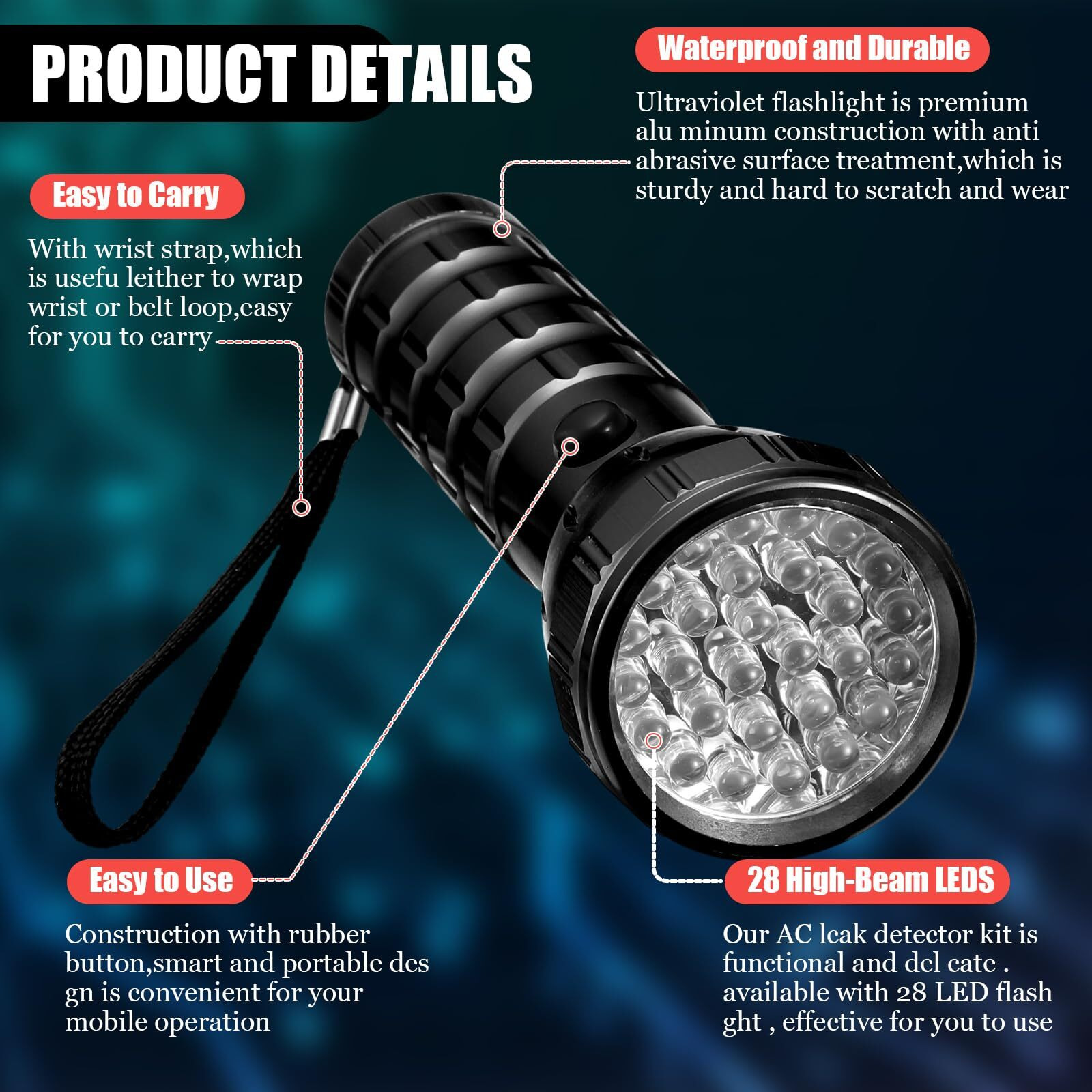 Tellegloww Ac Leak Detector Kit Ac Uv Oil Dye Leak Detection Includes Led Flashlight And Uv Protective Glasses With Box For Car Refrigerant Detector Tool (28 Led,Black)