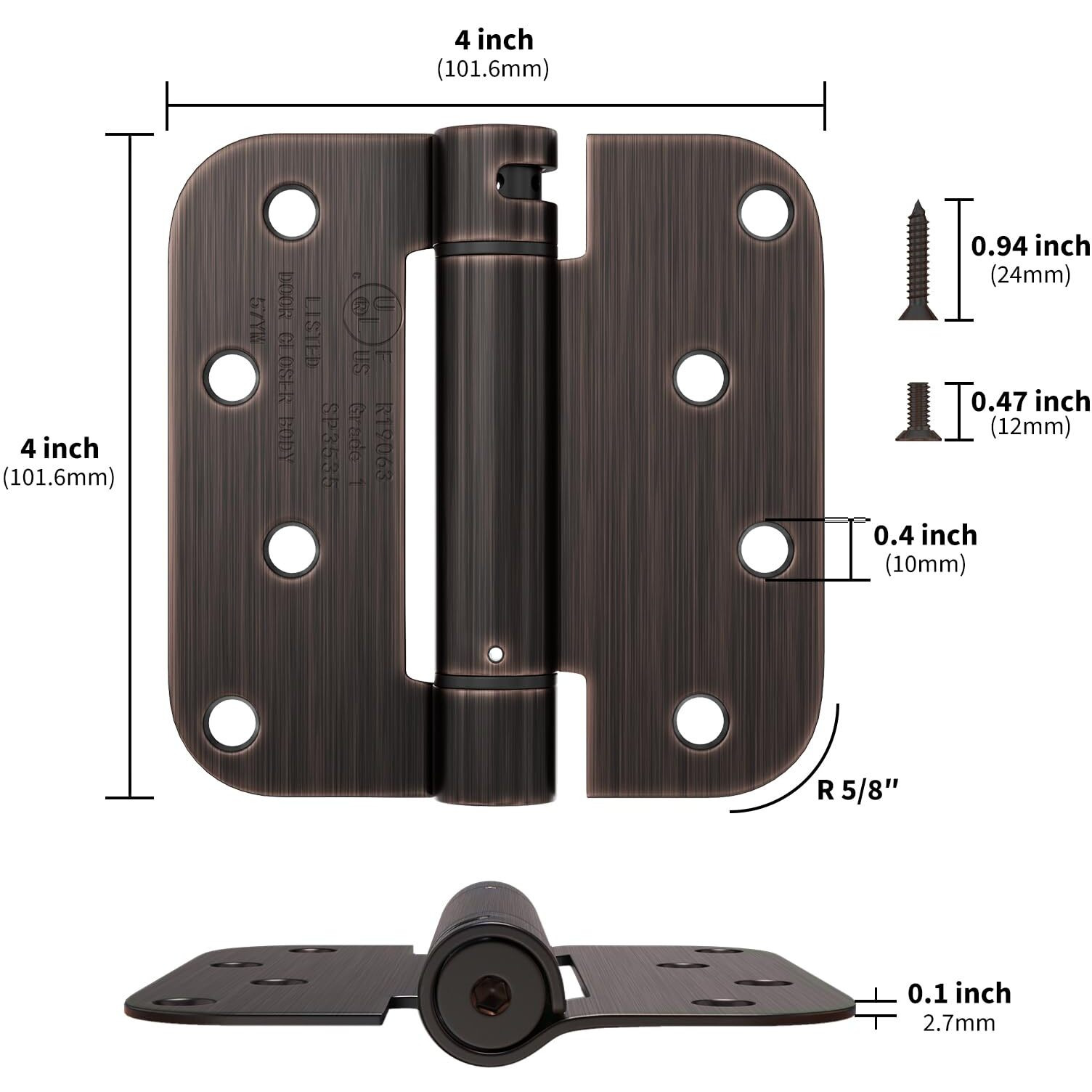 Goldenwarm 3 Pack 4 Inch Oil Rubbed Bronze Self Closing Door Hinges With 5/8'' Radius Corners - Adjustable Tension Soft Close Hinges For Interior/Exterior Doors, Durable & Quiet Closure