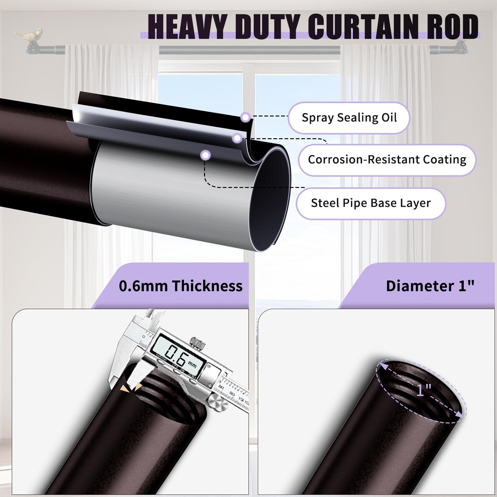 Kveeo Curtain Rod 36 To 168 Inches Vintage Oil Bronze Curtain Rods For Windows Adjustable Drapery Rod With Bird Finials Heavy Duty Window Brown Curtains Rods For Living Room Bedroom