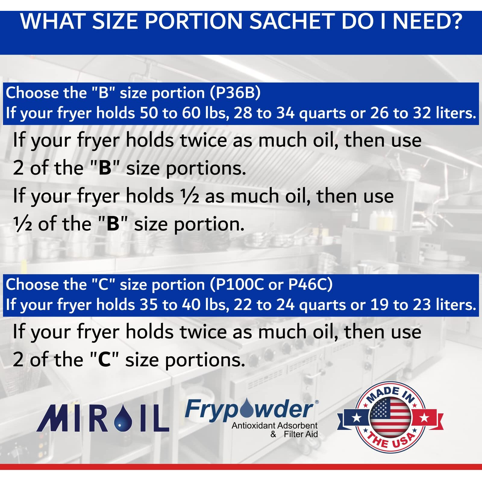 Miroil P32B Fry Powder Oil Stabilizer Filter Aid, 32 X Size B Portion Pack (240 Ml Each), Deep Fryer Cooking Oil Saver, Removes Carbon Deposits