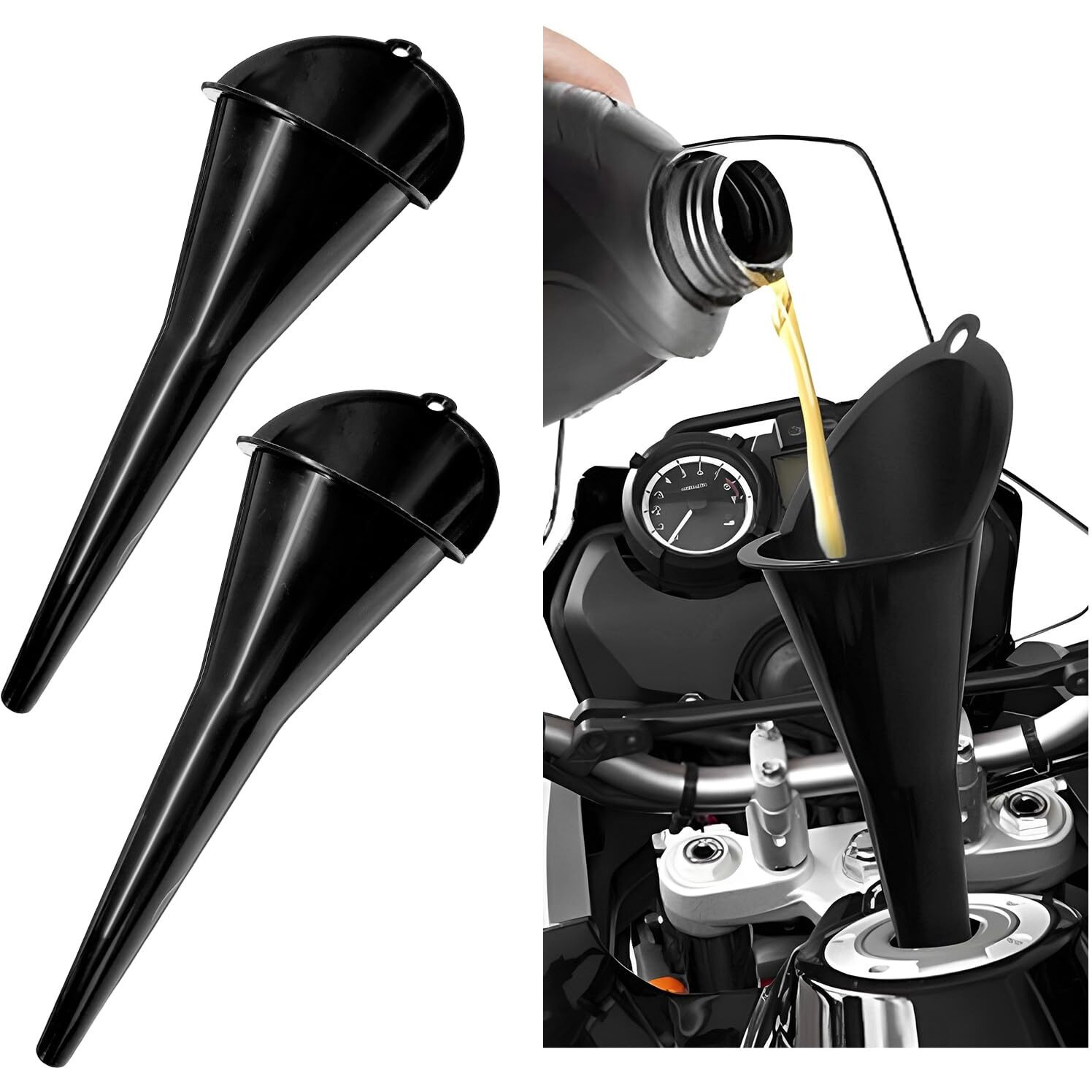 Dxnq 2 Pcs Oil Funnel, Automotive Multi-Function Plastic Fuel Funnel With Long Neck, Universal Engine Oil Funnel For Filling Oils Gas Lubricants And Fluids, Car Accessories (Black)