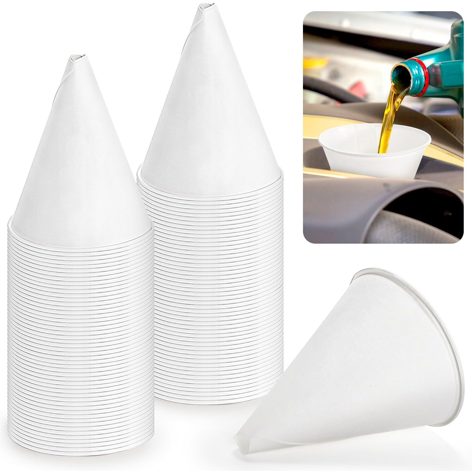 Hedume 120 Pcs Disposable Engine Oil Funnels, Paper Funnels, Automotive Car Fuel Cone Funnels Dispenser For Motor Oil, Water, Engine Oil, Gas, Coolant