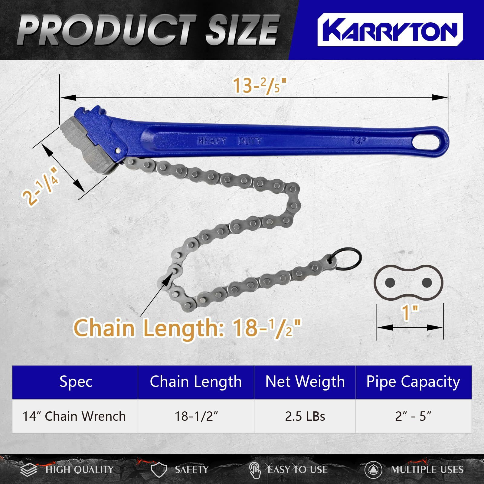 Karryton 14"" Chain Pipe Wrench 2"" - 5"" Pipe Diameters, 18.5"" Chain Length Max Breaking Load 5500Lbs, Heavy Duty Plumbing Tool For Pipe Installation, Oil Fields Operations And Maintenance