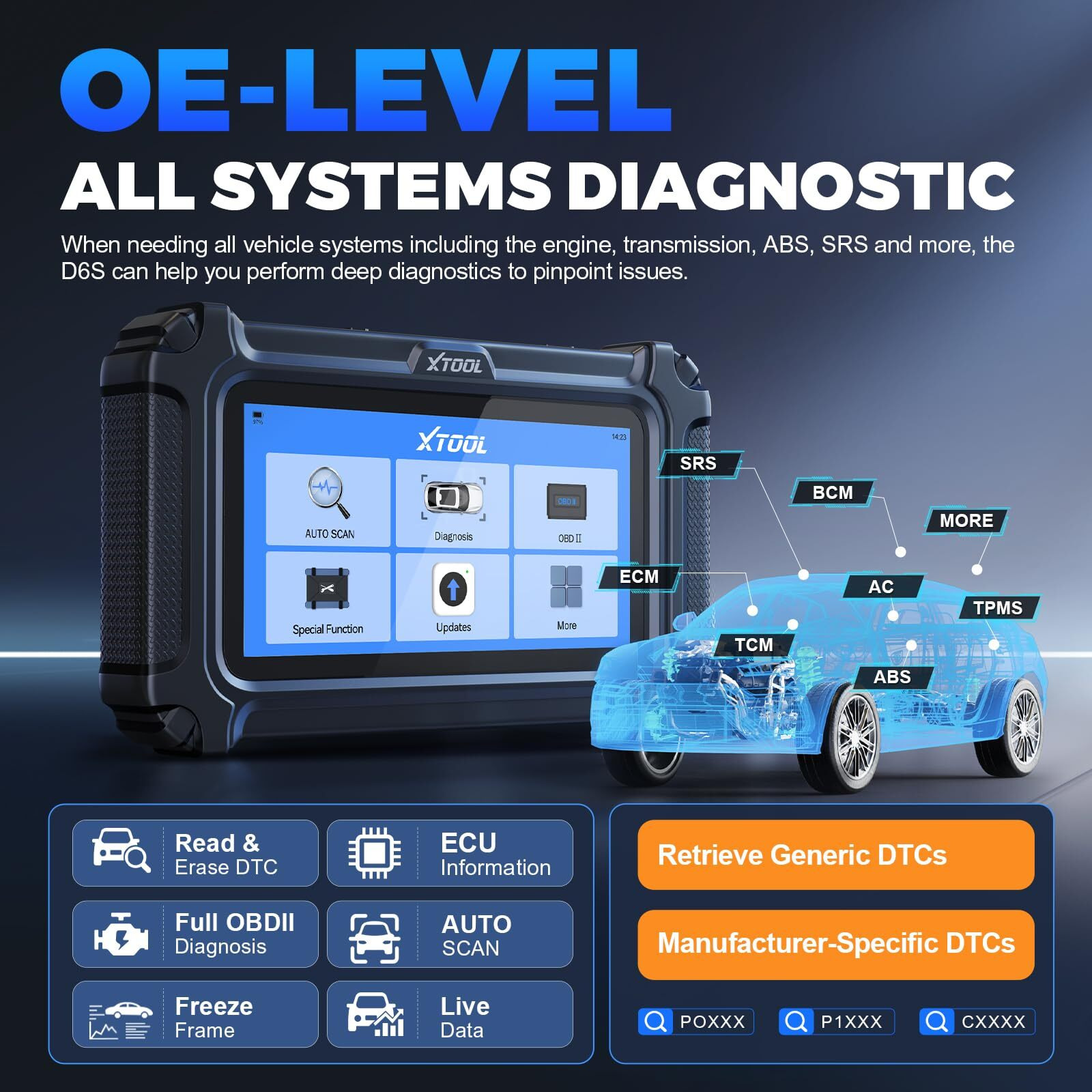 Xtool D6 Obd2 Scanner, 2025 Full System Diagnostic Scanner For Car With 15 Resets, Oil Reset, Abs Bleed, Throttle Relearn, Crank Sensor Relearn, Epb, Free Update Scan Tool, Upgraded Of D5S, Fca&Can Fd