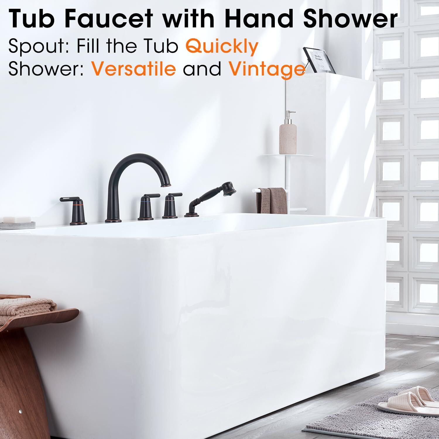 Wintap Roman Bath Tub Faucet Set With Sprayer, 5 Hole Widespread Deck Mount Bathtub Faucet With Valve Classic Gooseneck Tub Faucets With Diverter High Flow Tub Filler Oil-Rubbed Bronze
