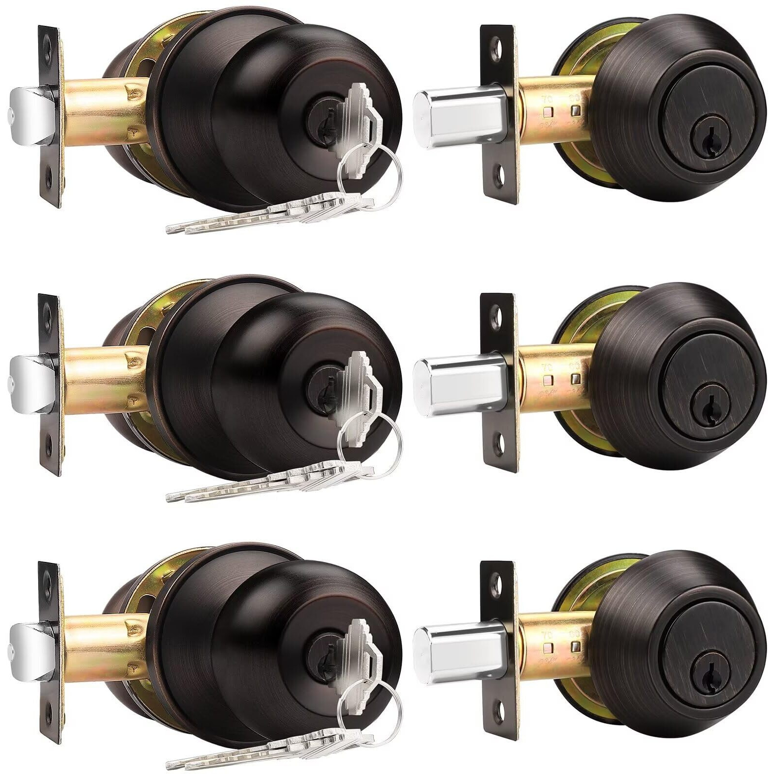 Probrico Oil Rubbed Bronze Door Knobs With Single Cylinder Deadbolts, Keyed Alike Exterior Door Handleset Combo Pack, Lockset For Front Door And Outside Gate, 3 Set