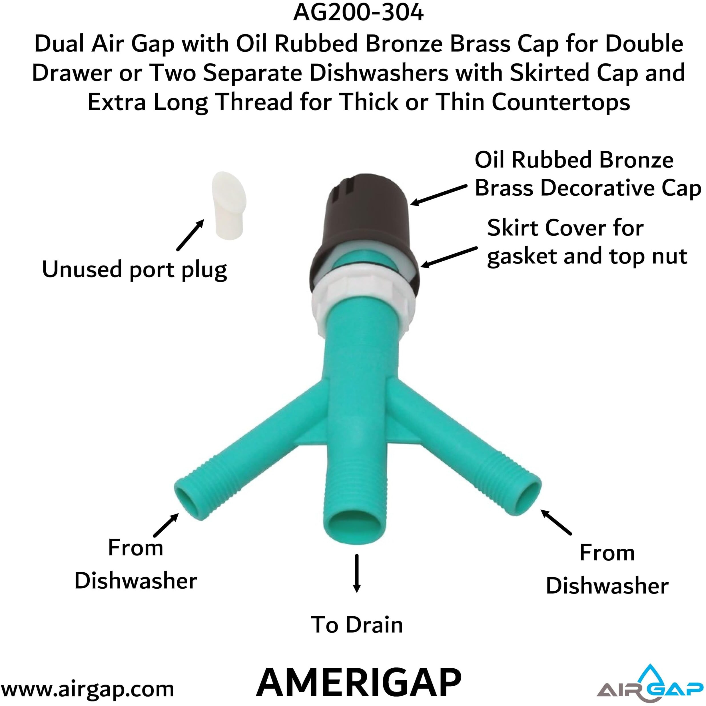Dual Air Gap With Oil Rubbed Bronze Brass Cap For Double Drawer Or Two Separate Dishwashers With Skirted Cap And Extra Long Thread For Thick Or Thin Countertops (Ag200-304, Ag200-X04, Amerigap)