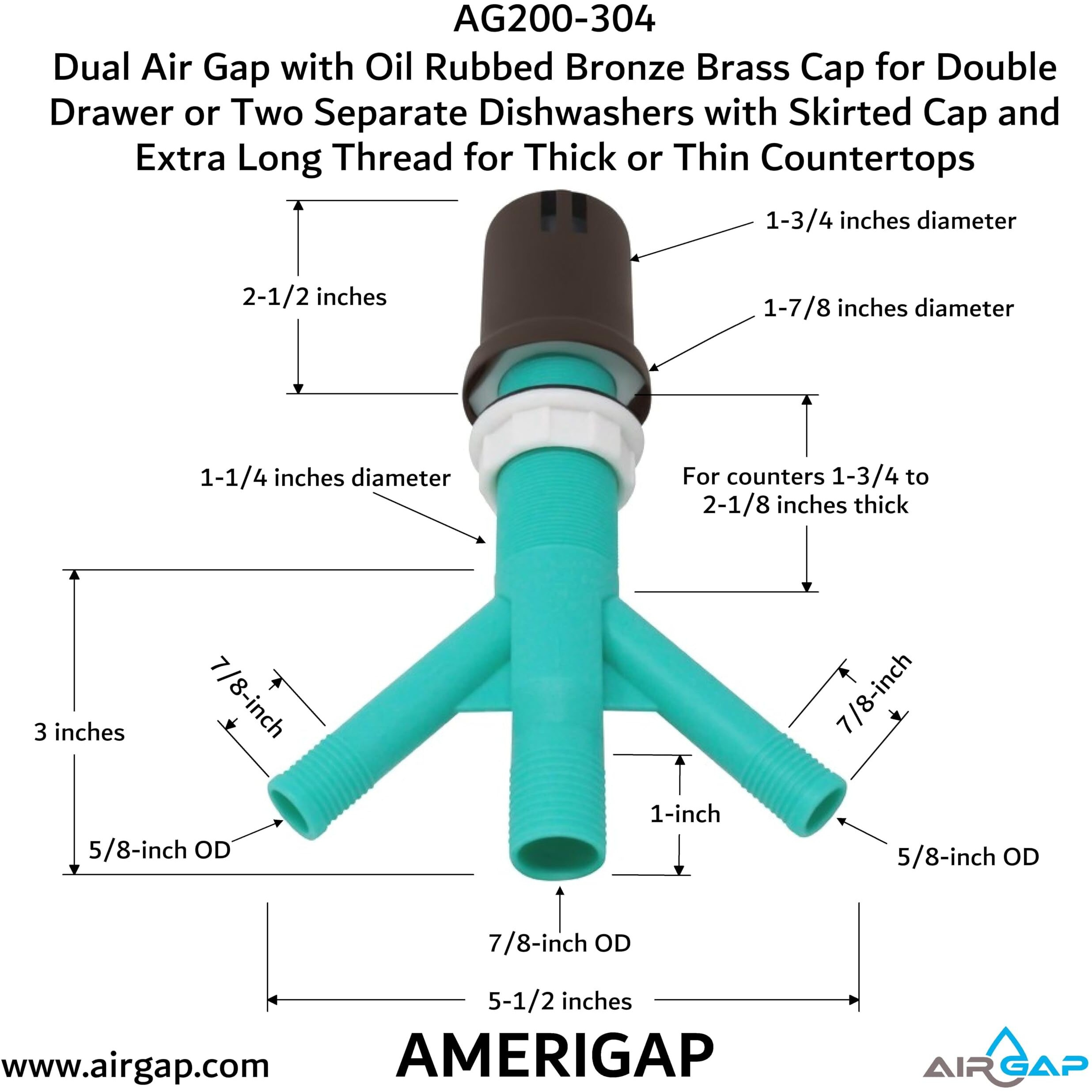 Dual Air Gap With Oil Rubbed Bronze Brass Cap For Double Drawer Or Two Separate Dishwashers With Skirted Cap And Extra Long Thread For Thick Or Thin Countertops (Ag200-304, Ag200-X04, Amerigap)