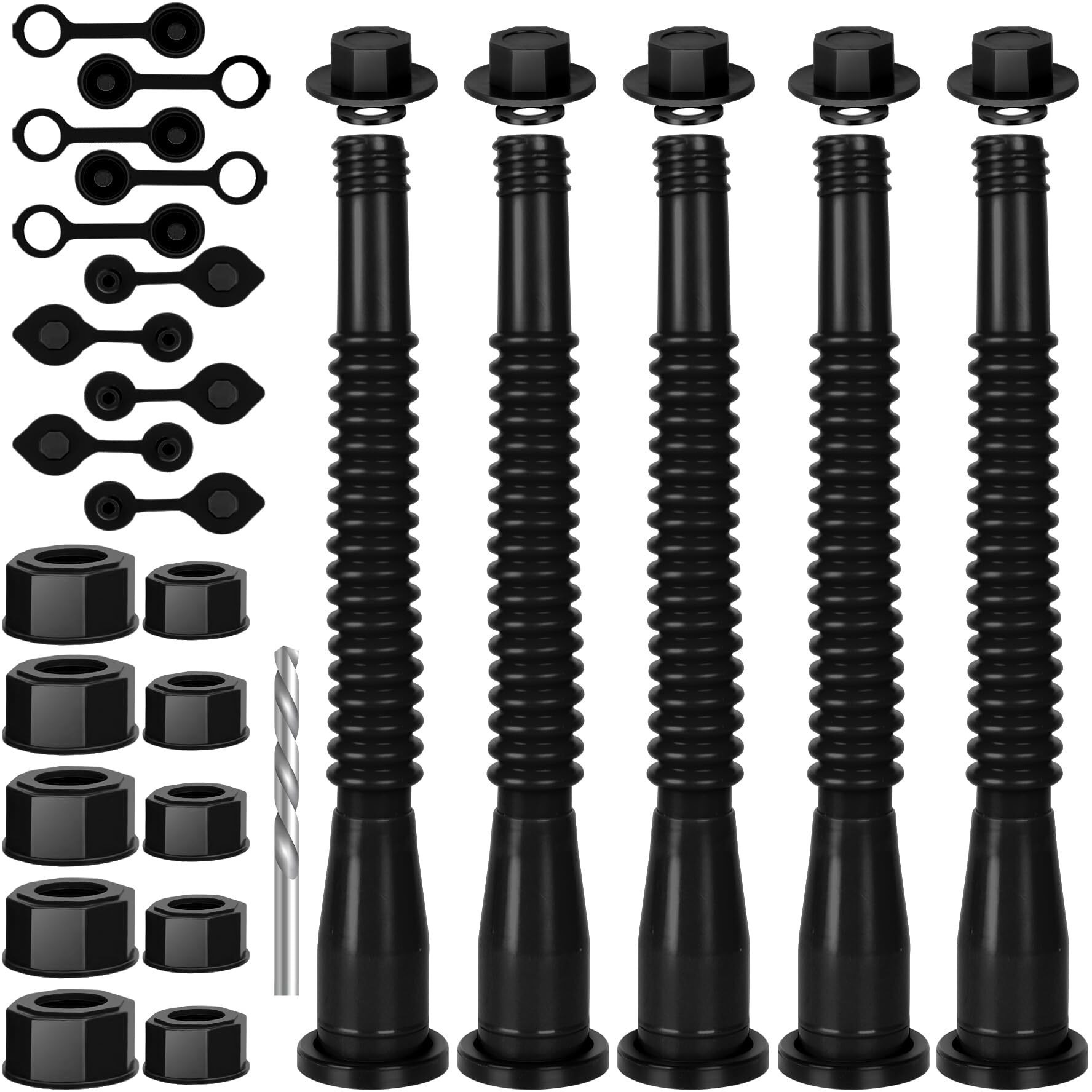 Gas Can Spout Replacement, 5 Kit Black Upgraded Replacement Gas Can Spout, Two Models Of Threads Caps Suitable For Most 1/2/5/10 Gal Oil Cans, With Drill, Vent Caps