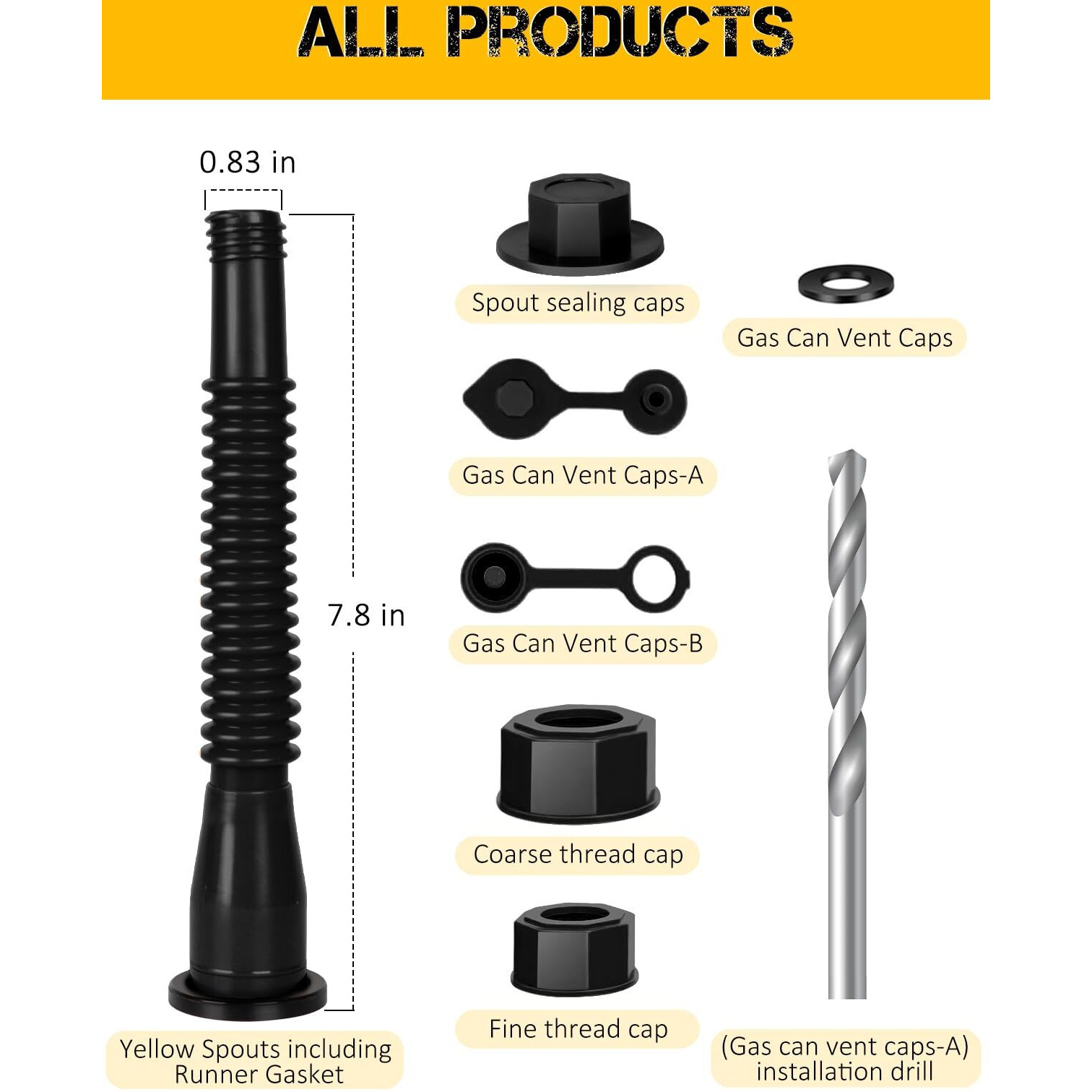 Gas Can Spout Replacement, 5 Kit Black Upgraded Replacement Gas Can Spout, Two Models Of Threads Caps Suitable For Most 1/2/5/10 Gal Oil Cans, With Drill, Vent Caps