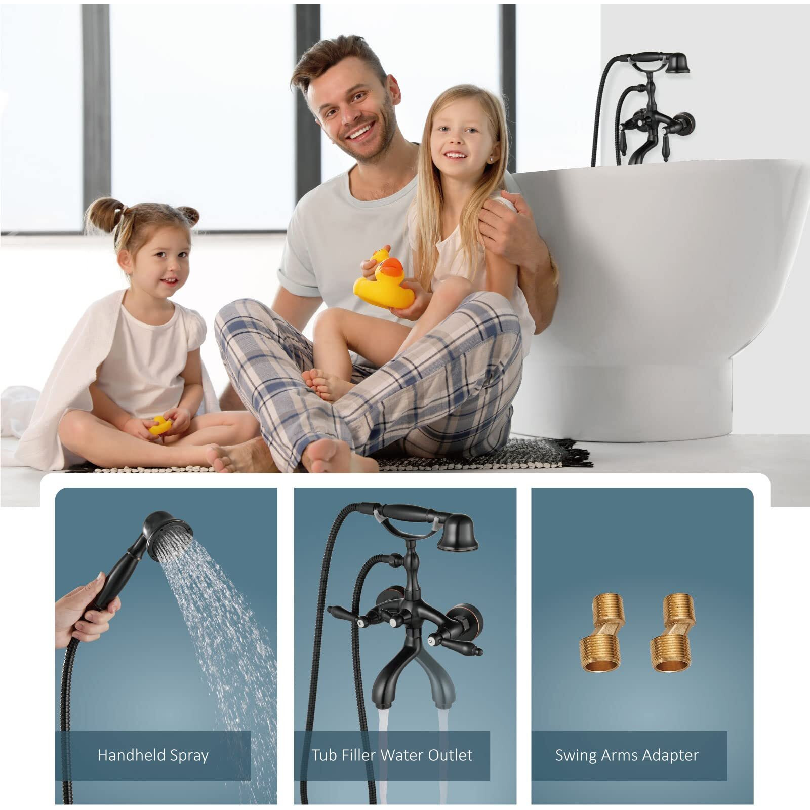 Aolemi Bathtub Faucet Tub Spout Filler Kit Oil Rubbed Bronze Wall Mount Only With Double Lever Handles And Hand Shower Sprayer Mixer Tap Shower Set Vintage Brass Bathroom