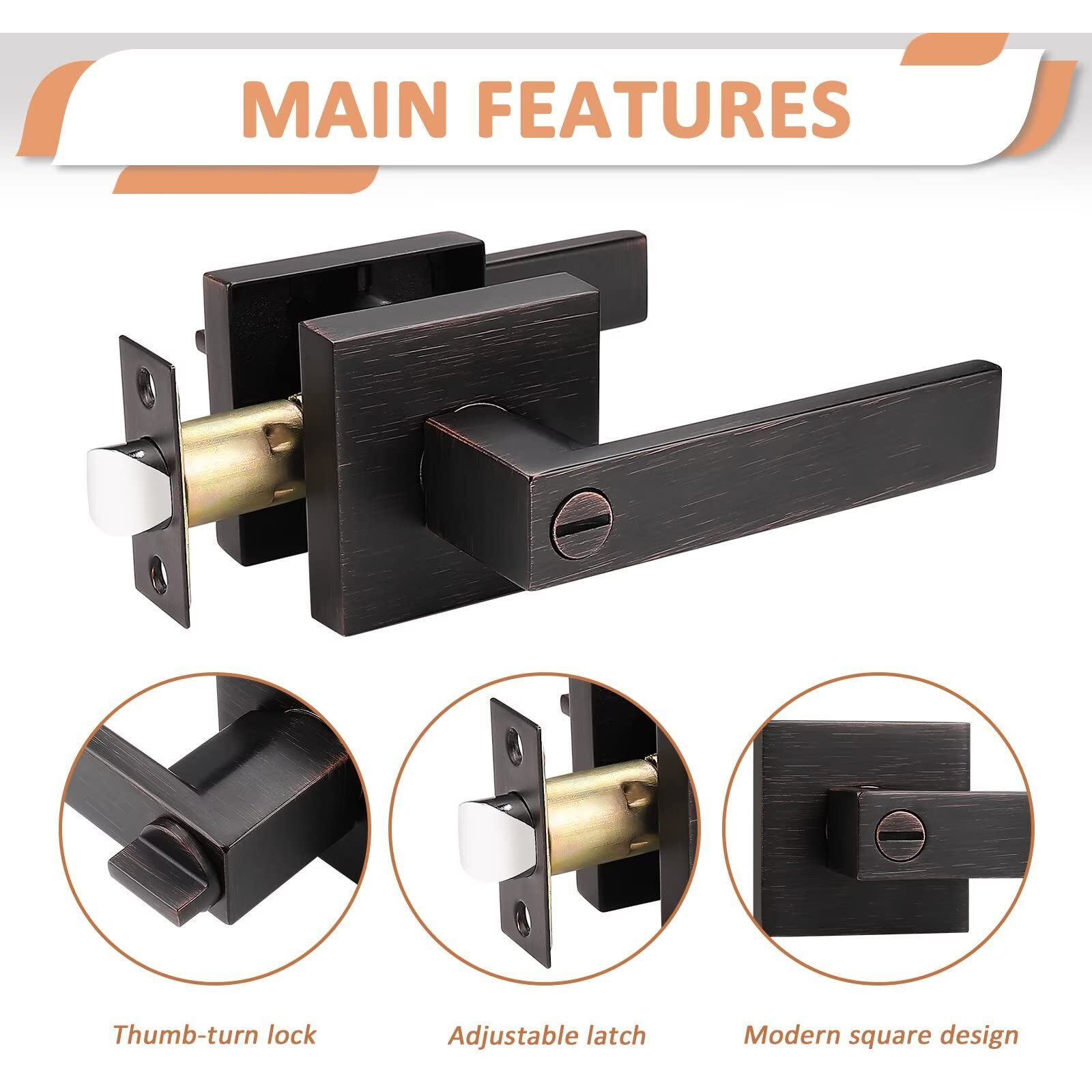 Knobelite (3 Pack Privacy Door Lever, Locking Inside Door Handle Set- Privacy Function For Bedroom & Bathroom Doors, Oil Rubbed Bronze Handle Lever, Modern Contemporary Slim Square Design For Home