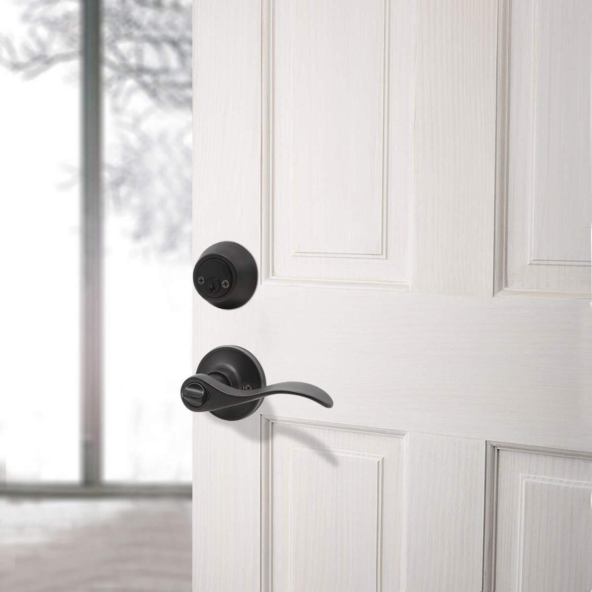 Front/Exterior Door Lever Lockset With Double Cylinder Deadbolt Keyed Alike,4 Pack Oil Rubbed Bronze Wave Entry Combination Door Handle, Keyed Both Sides