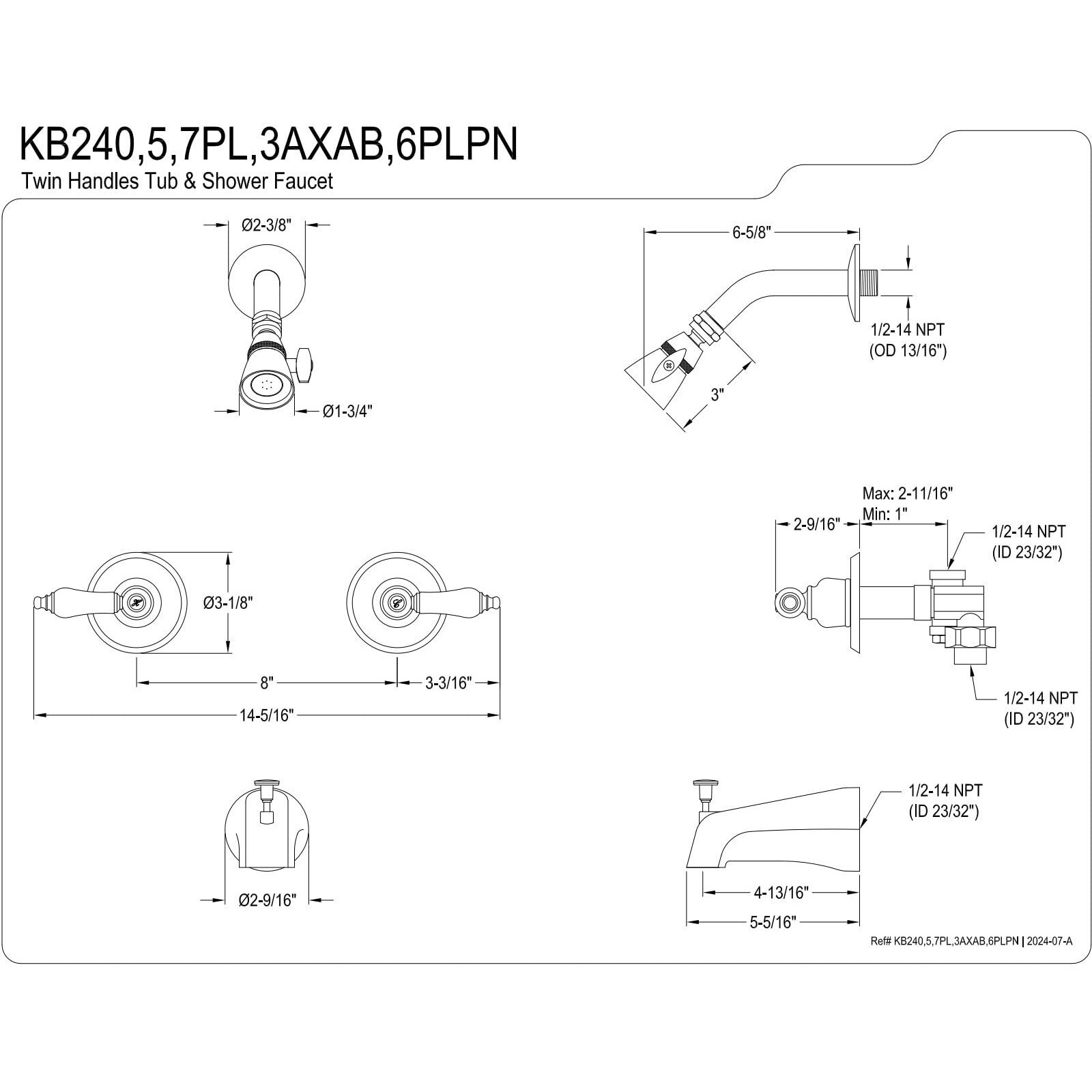 Kingston Brass Kb245Pl Twin Handle Tub And Shower Faucet With Decor Lever Handle, Oil Rubbed Bronze