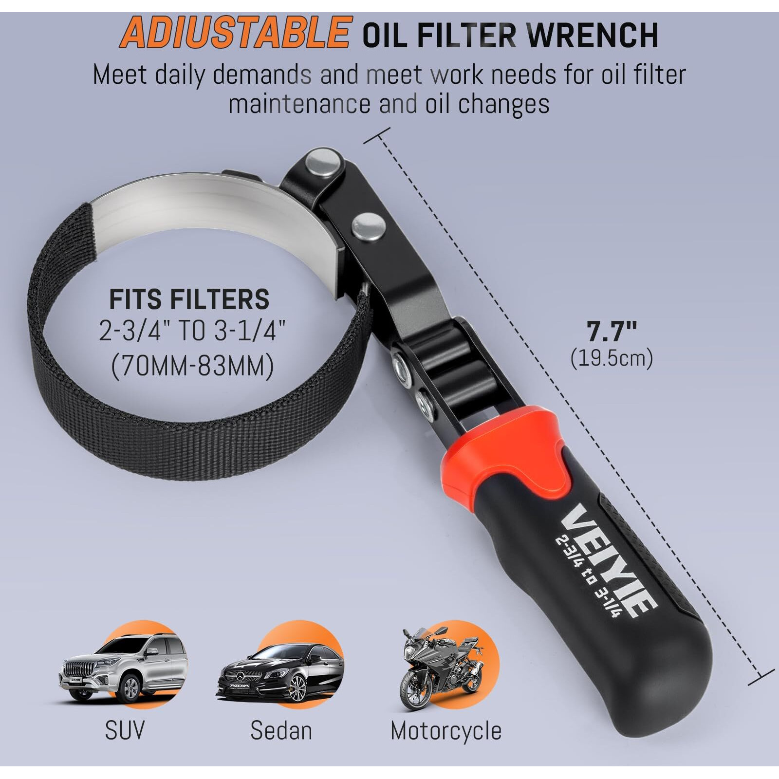 Veiyie Small Oil Filter Wrench, Oil Filter Removal Tool Fits Filters 2-3/4"" To 3-1/4"", With Nylon Anti-Slip Strap & 180 Swivel Head, Steel Band Filter Wrench For Compact Car Motorcycle Oil Change