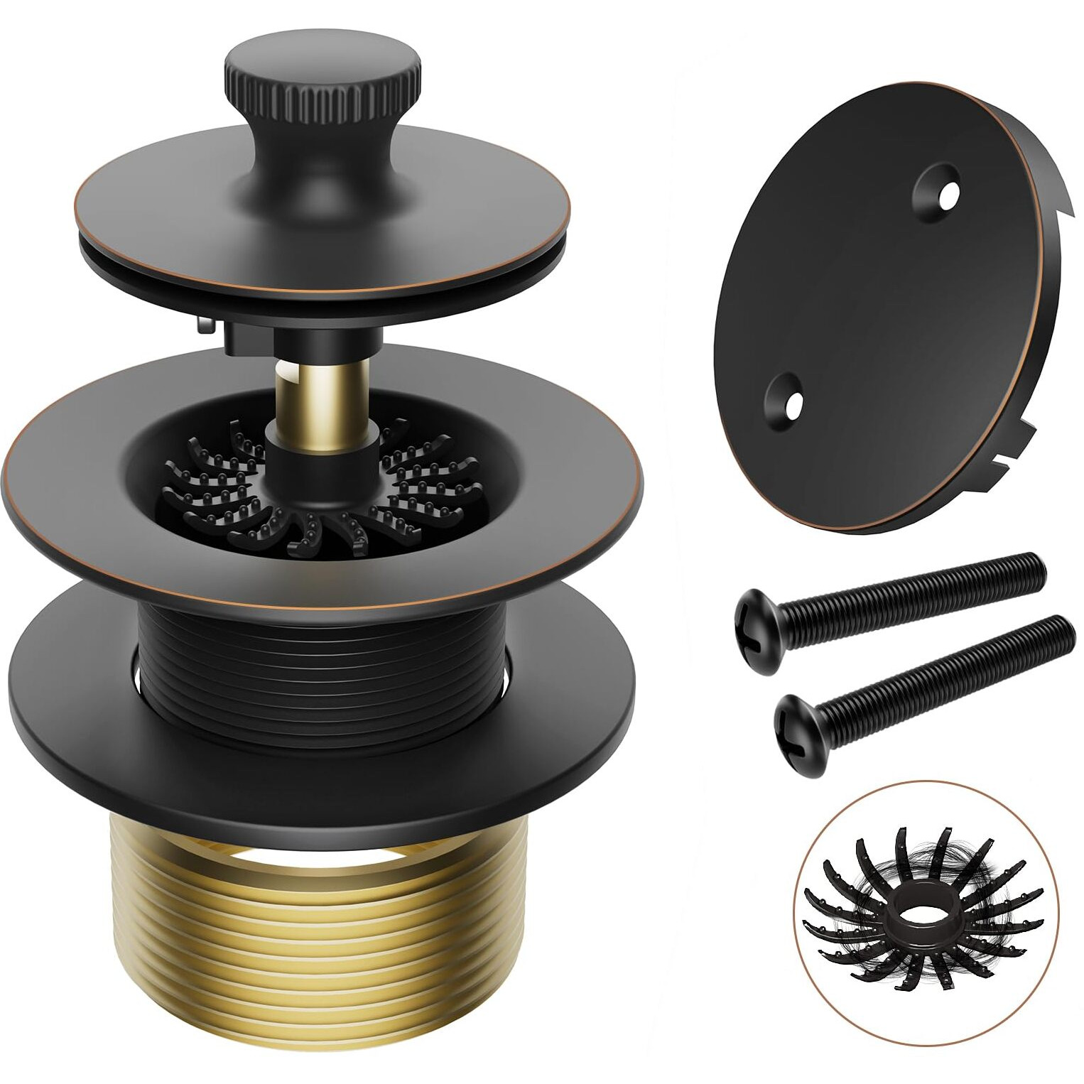 Oil Rubbed Bronze Tub Drain Stopper Bathtub Drain, Hair Catcher And Two-Hole Overflow Faceplate,11.5/16 Unc Tub Drain, Premium Brass Lift And Turn Twist Tub Drains Replacement Trim Kit,Tub Stopper