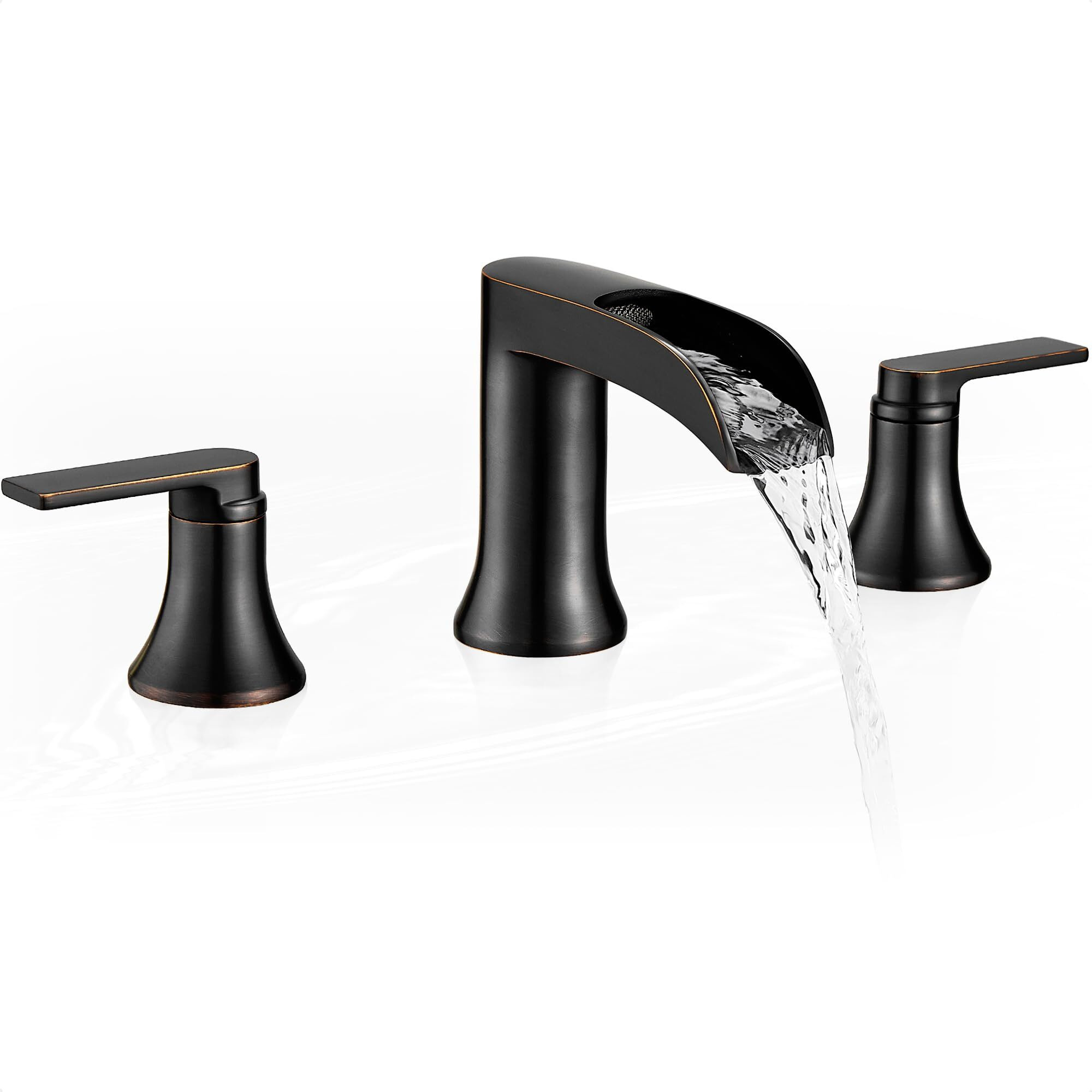 Hoigy Oil Rubbed Bronze Waterfall Tub Faucet 3 Hole, Brass High Flow Roman Bathtub Faucet, Widespread Bathtub Faucets 6-16 Inch 2 Handle Deck Mount
