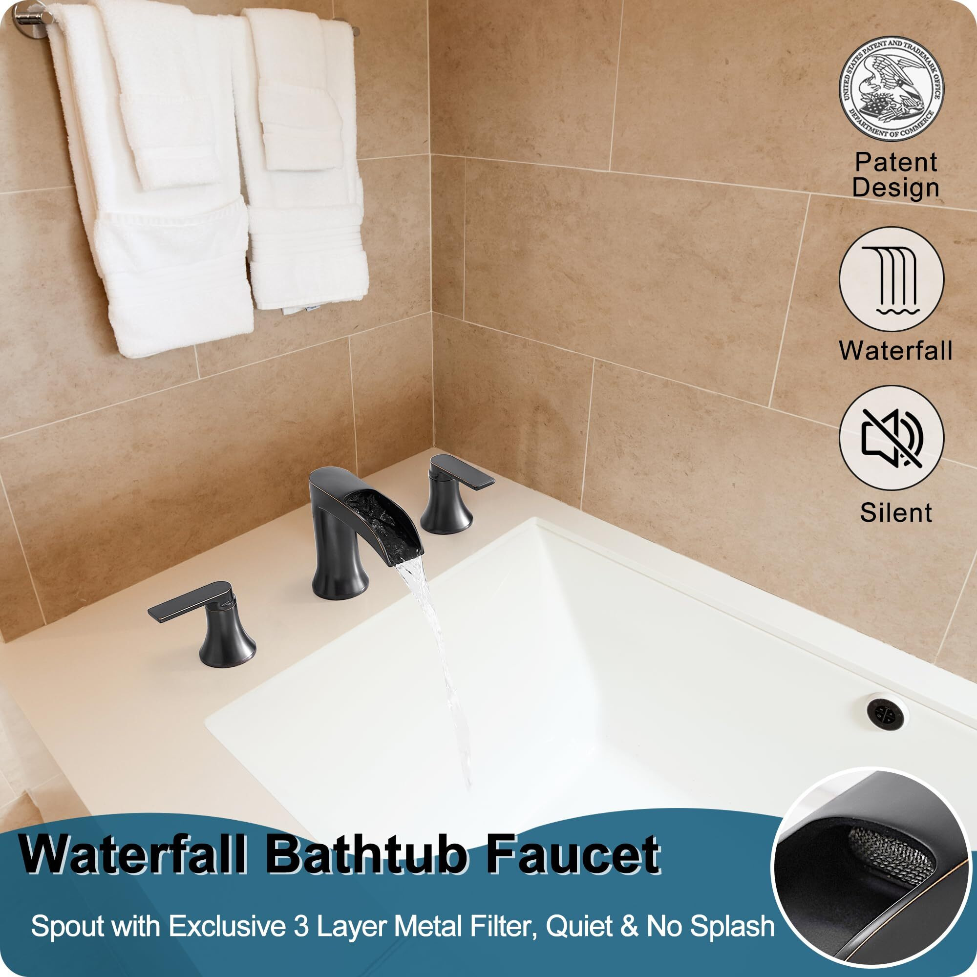 Hoigy Oil Rubbed Bronze Waterfall Tub Faucet 3 Hole, Brass High Flow Roman Bathtub Faucet, Widespread Bathtub Faucets 6-16 Inch 2 Handle Deck Mount