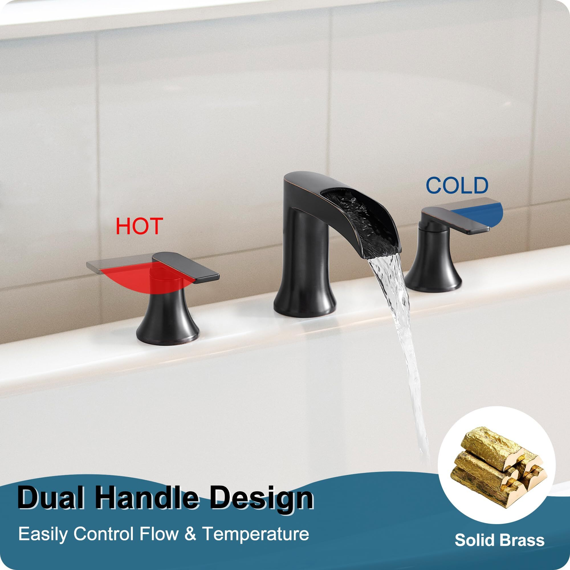 Hoigy Oil Rubbed Bronze Waterfall Tub Faucet 3 Hole, Brass High Flow Roman Bathtub Faucet, Widespread Bathtub Faucets 6-16 Inch 2 Handle Deck Mount
