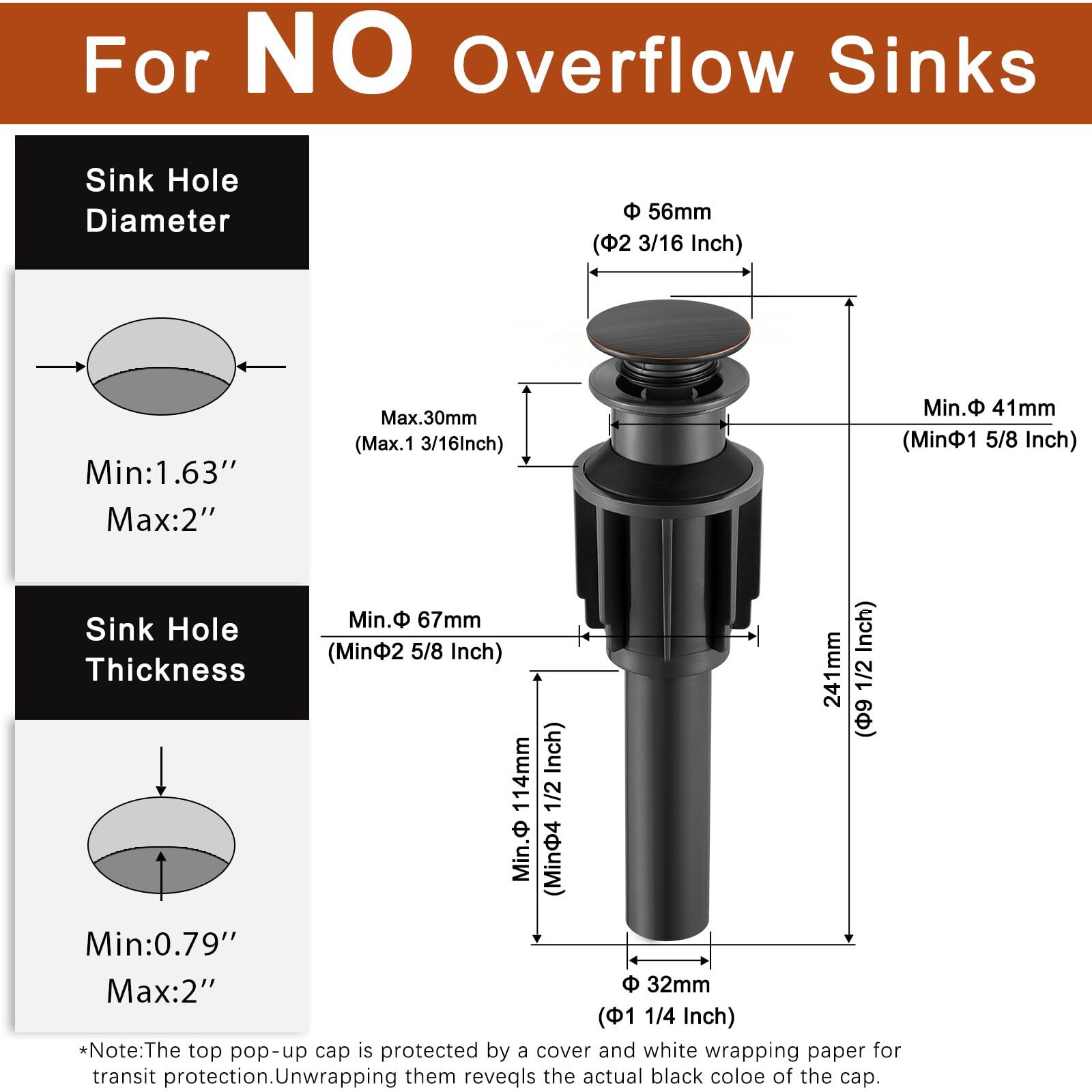 Bathroom Sink Drain Without Overflow For Vessel Sink Lavatory Vanity, Pop Up Drain Stopper Oil Rubbed Bronze Built-In Anti-Clogging Strainer