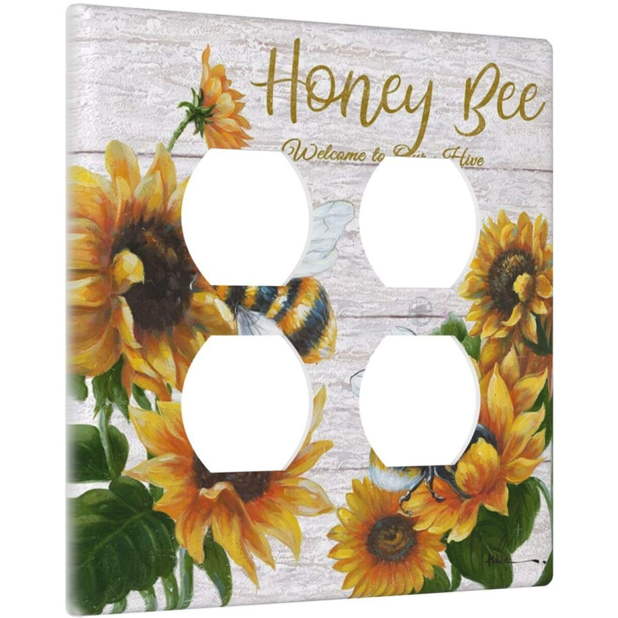 Sunflower Bee Oil Painting Duplex Device Receptacle Outlet Covers Wall Plates Decorative 2-Gang Light Switch Cover Plate Electrical Receptacle Wallplate For Home Decor