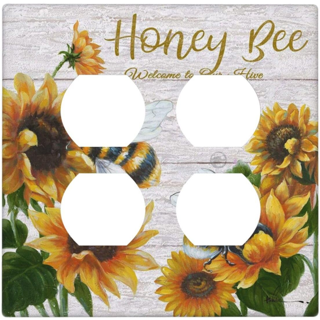 Sunflower Bee Oil Painting Duplex Device Receptacle Outlet Covers Wall Plates Decorative 2-Gang Light Switch Cover Plate Electrical Receptacle Wallplate For Home Decor
