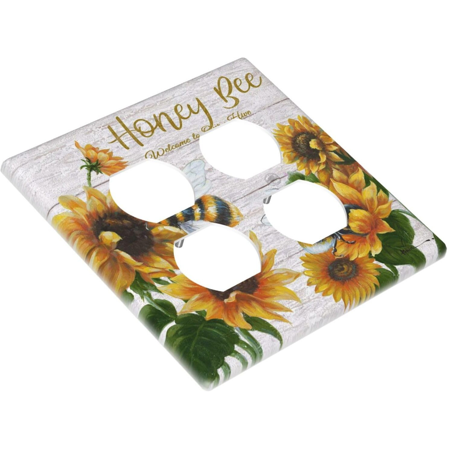 Sunflower Bee Oil Painting Duplex Device Receptacle Outlet Covers Wall Plates Decorative 2-Gang Light Switch Cover Plate Electrical Receptacle Wallplate For Home Decor