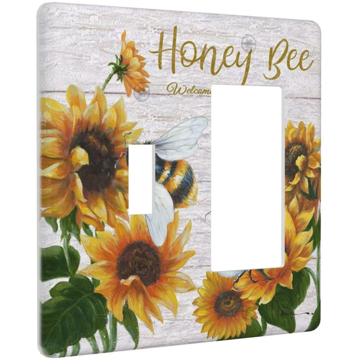 Rustic Wooden Sunflower Bee Oil Painting 2 Gang Combination Light Switch Cover Decorative Toggle Rocker Wall Plate For Farmhousehome Kitchen Bedroom Living Room Bathroom Decor