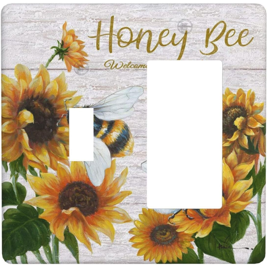 Rustic Wooden Sunflower Bee Oil Painting 2 Gang Combination Light Switch Cover Decorative Toggle Rocker Wall Plate For Farmhousehome Kitchen Bedroom Living Room Bathroom Decor