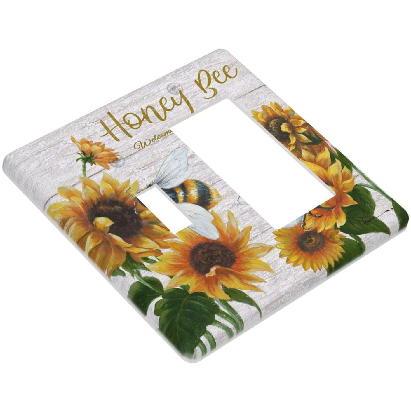 Rustic Wooden Sunflower Bee Oil Painting 2 Gang Combination Light Switch Cover Decorative Toggle Rocker Wall Plate For Farmhousehome Kitchen Bedroom Living Room Bathroom Decor
