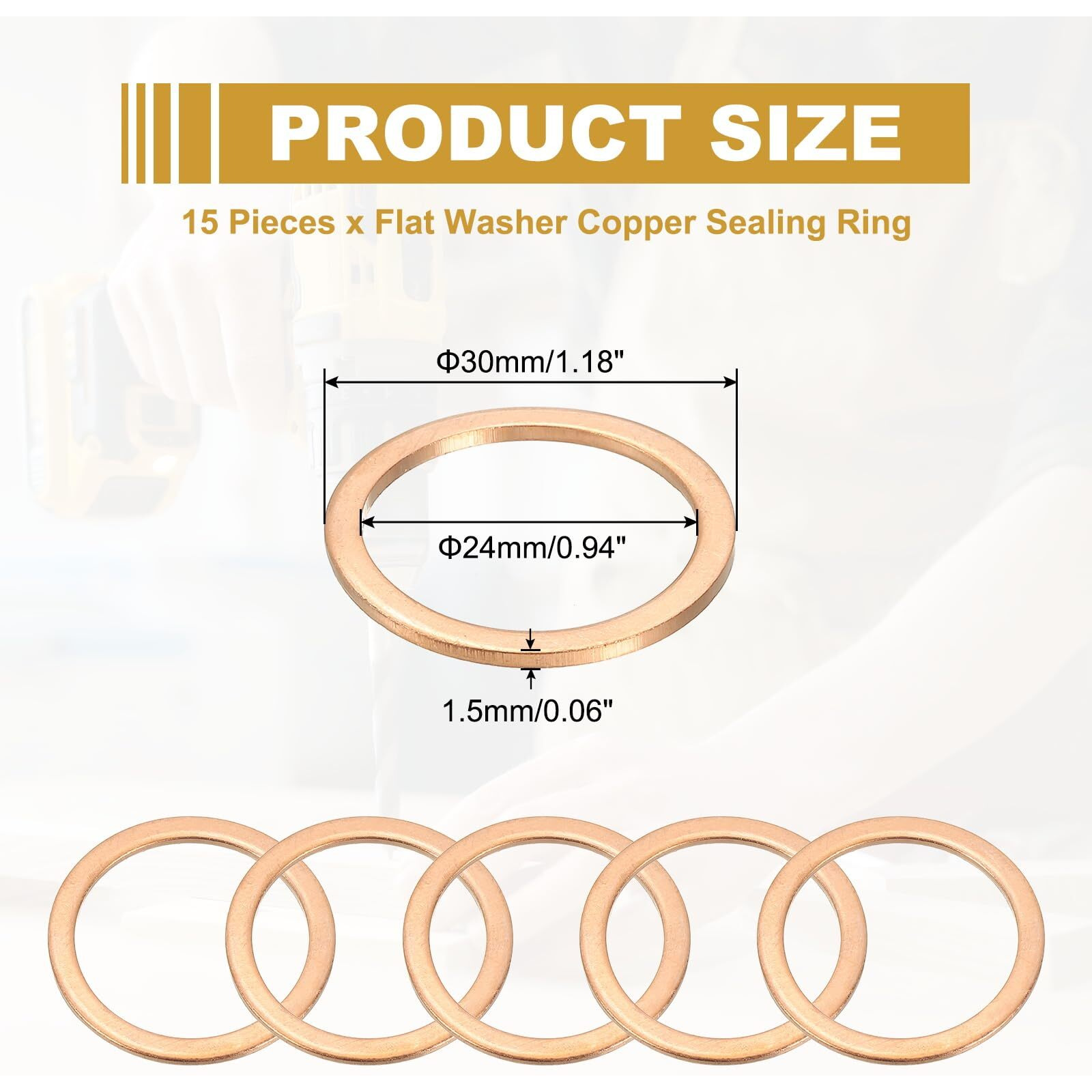 Patikil M24 Copper Washer Sealing Ring, 15 Pieces 24Mm Id 30Mm Od 1.5Mm Thickness Metric Flat Sealing Gasket Crush Washer For Screws Bolt Sump Plugs Oil Drain