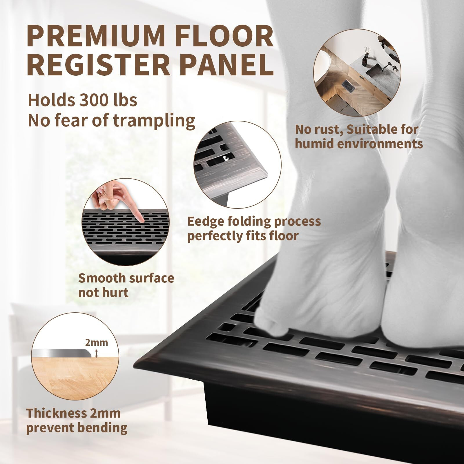 Sanycasa Floor Register 4X8 Inches - Heavy Duty Walkable Steel Floor Vents Ease Adjust Air Flow Direction Floor Registers - Boston Design - Oil Rubbed Bronze Air Floor Vent Covers For Home