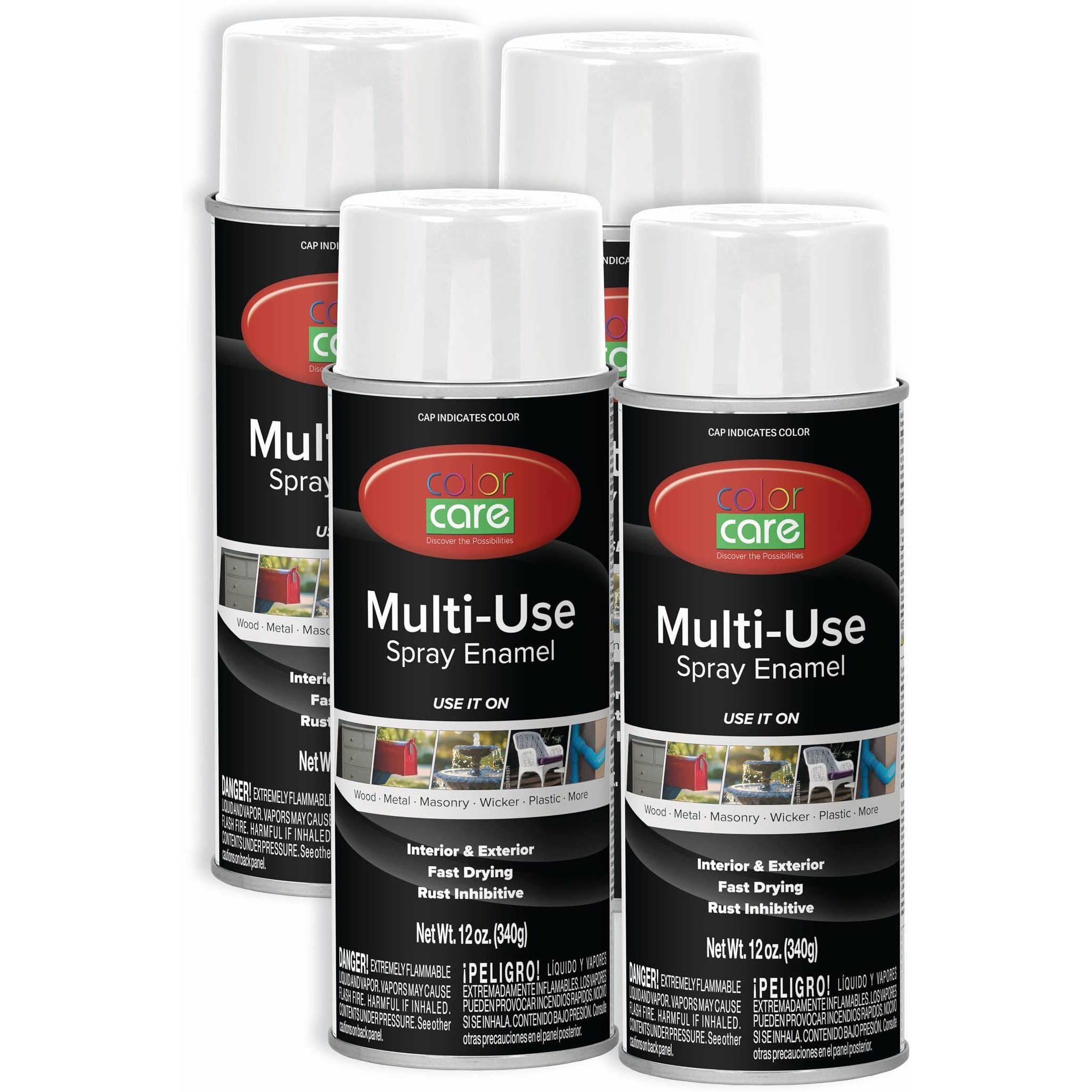 Color Care Spray Paint - 4 Pack Of 12 Oz. Cans, Oil Enamel, Rust Resistant, Quick Drying, No Drip Formula For Wood, Metal, Plastic, Masonry, Indoor & Outdoor Use (Gloss White)