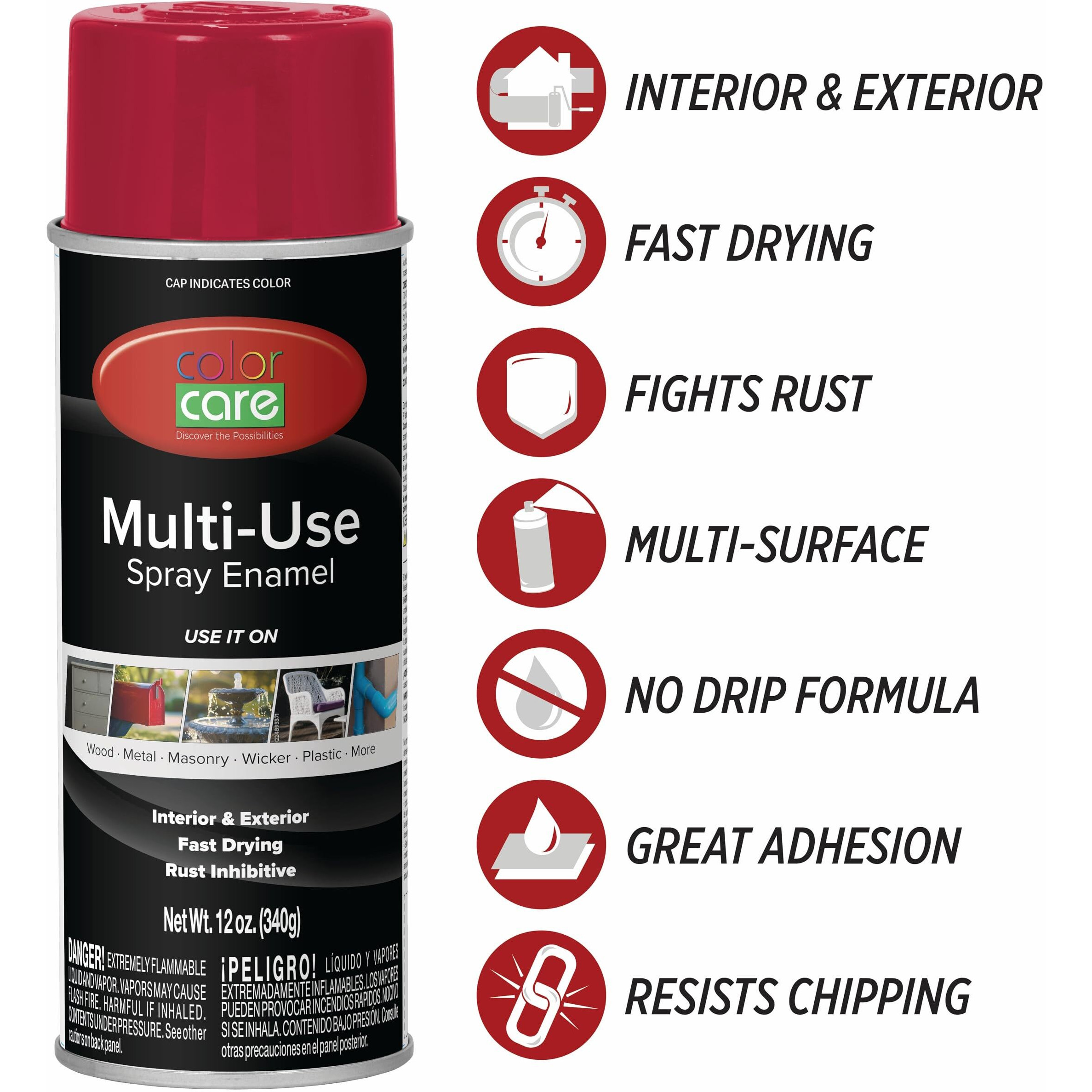 Color Care Spray Paint - 4 Pack Of 12 Oz. Cans, Oil Enamel, Rust Resistant, Quick Drying, No Drip Formula For Wood, Metal, Plastic, Masonry, Indoor & Outdoor Use (Ruby Red)