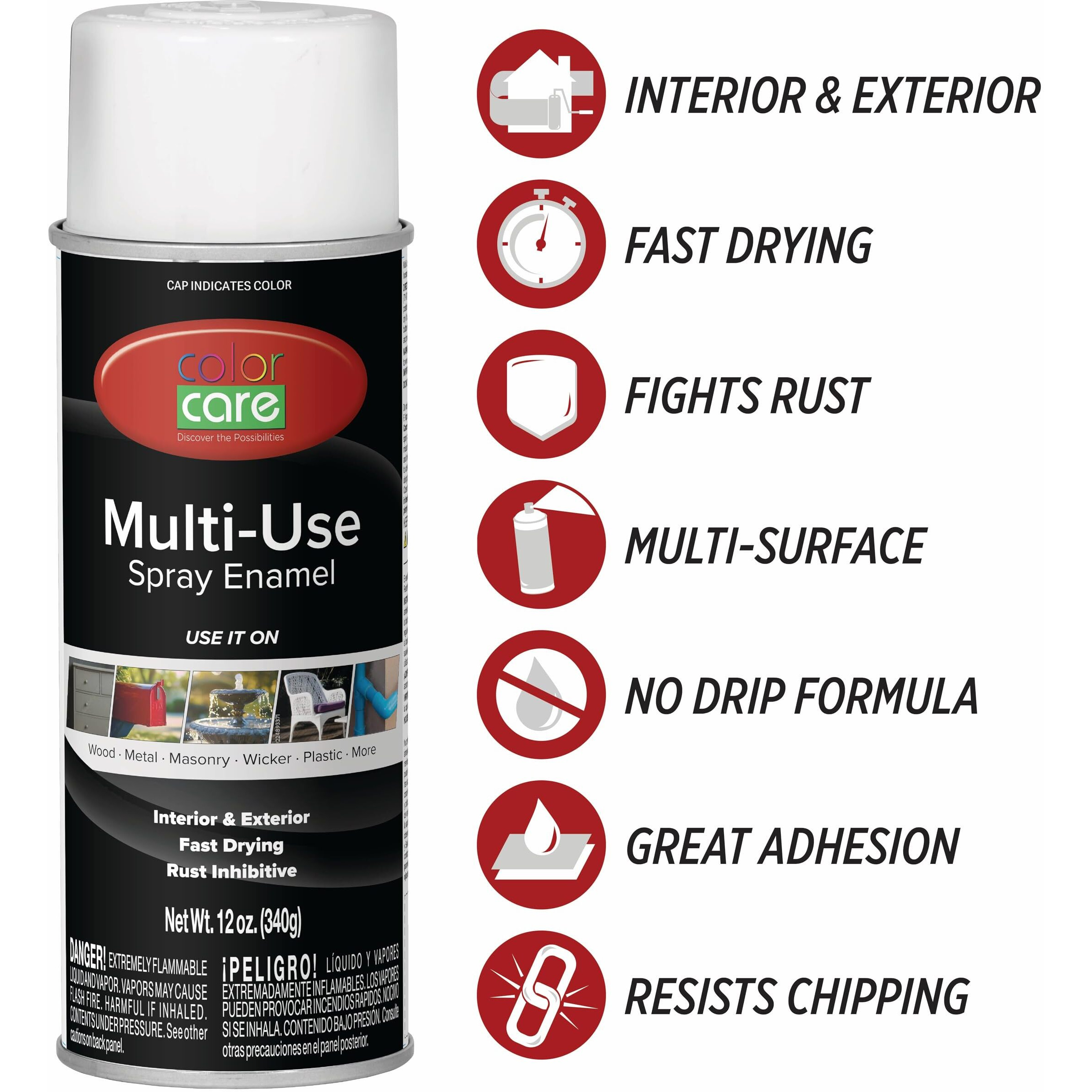 Color Care Spray Paint - 4 Pack Of 12 Oz. Cans, Oil Enamel, Rust Resistant, Quick Drying, No Drip Formula For Wood, Metal, Plastic, Masonry, Indoor & Outdoor Use (Flat White)