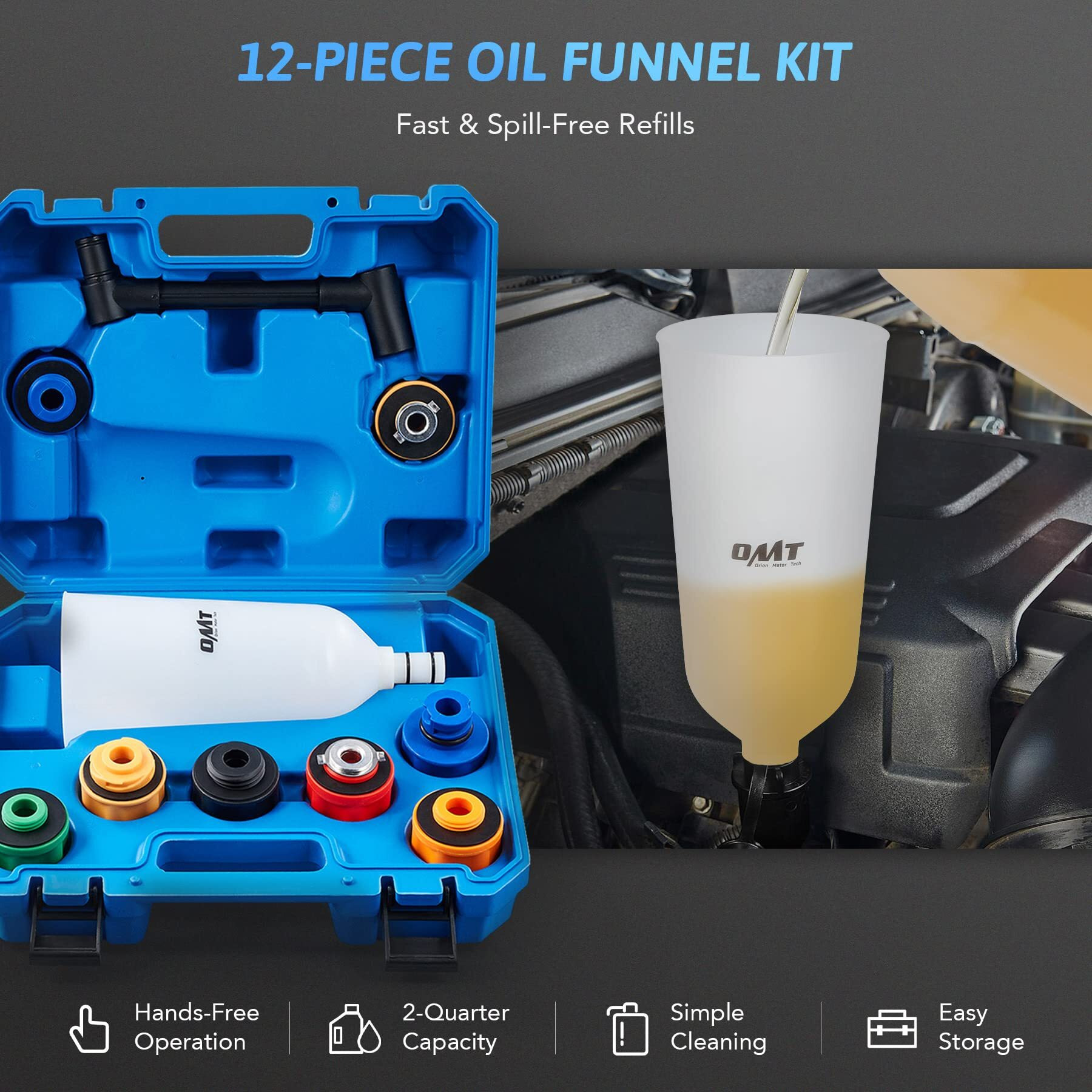 Orion Motor Tech 2 Qt Engine Oil Funnel Set With Flexible Extension & 8 Adapters, Spill Free Large Funnel For Automotive Use- Compatible With Toyota Jeep Mazda Ford Dodge And More
