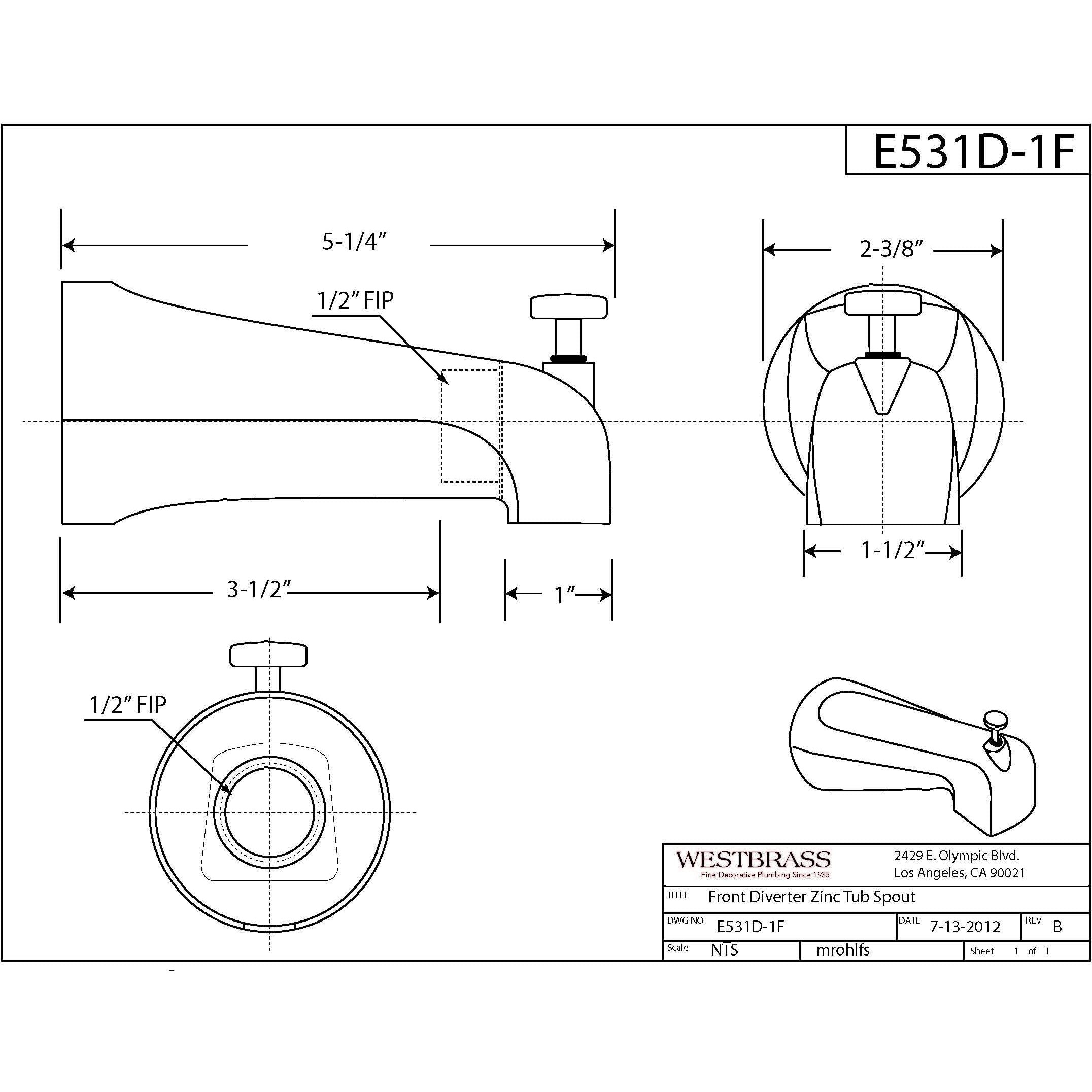 Westbrass E531D-1F-2-12 5-1/4"" Reach Wall Mount Tub Spout With Front Diverter, Oil Rubbed Bronze (2-Pack)