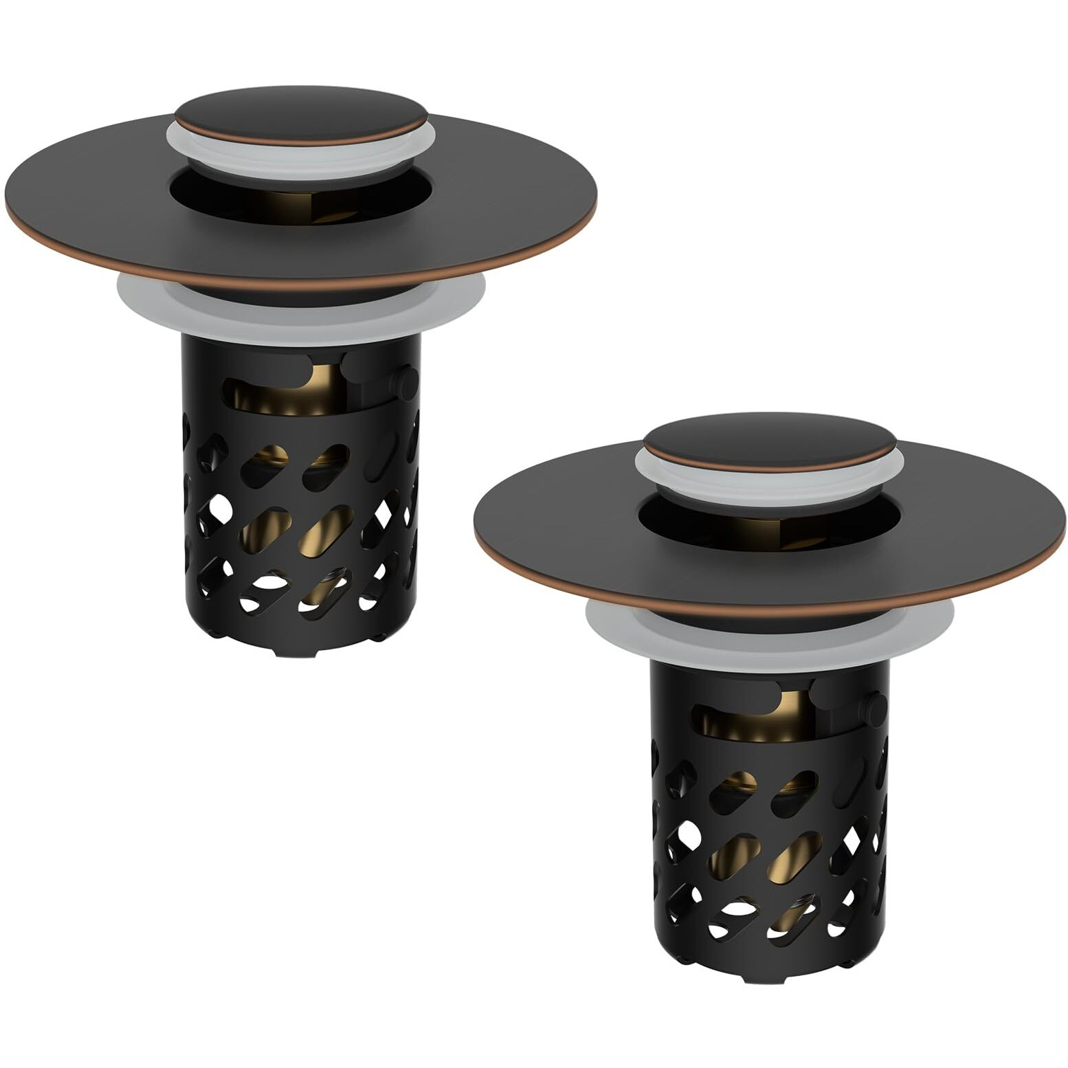 Ifealclear 2 Pack All Metal Bathroom Sink Stopper, Pop Up Sink Drain Strainer With Removable Stainless Steel Filter Basket, Universal For 1.1""-2.36"" Sink, Brass Bounce Core, Oil Rubbed Bronze