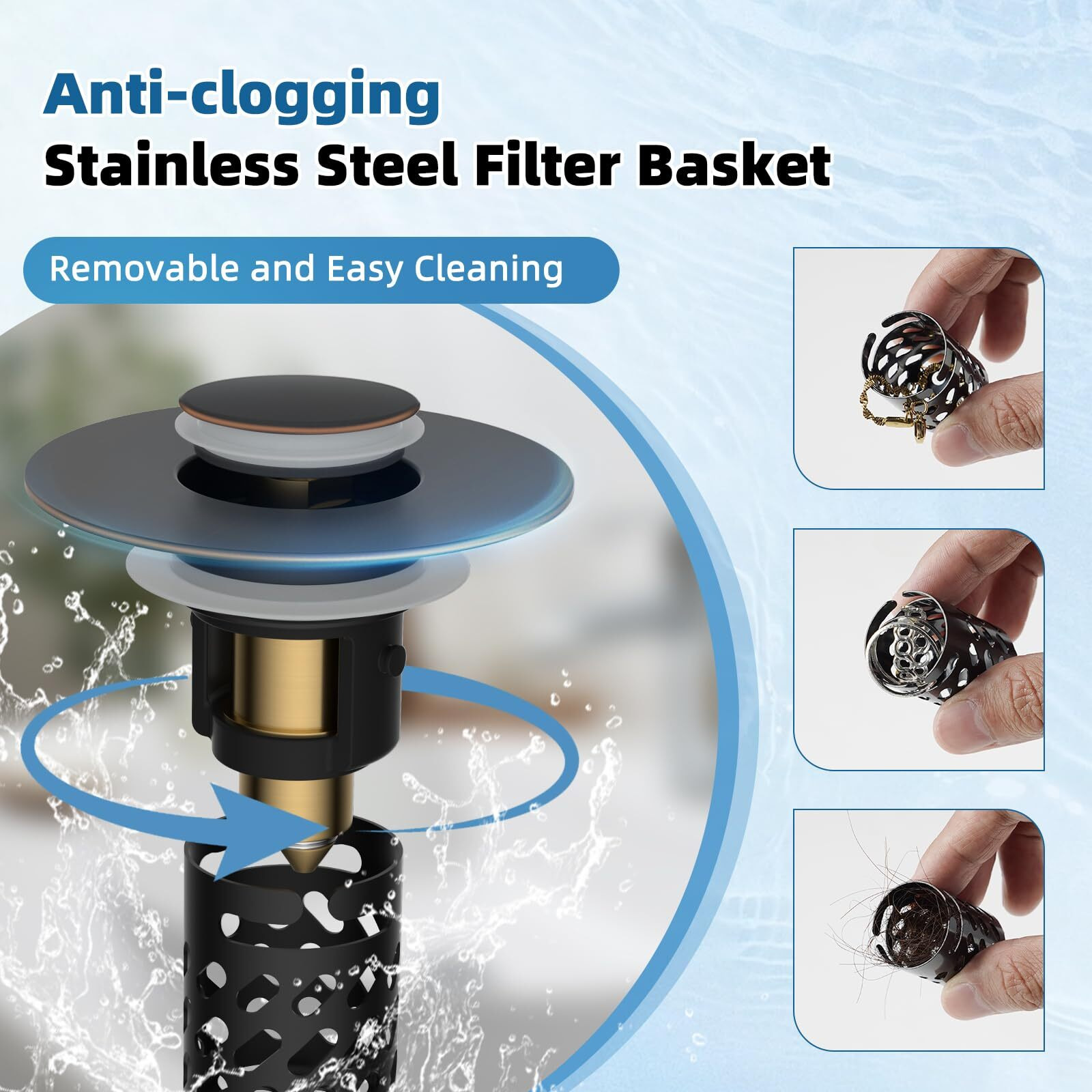 Ifealclear 2 Pack All Metal Bathroom Sink Stopper, Pop Up Sink Drain Strainer With Removable Stainless Steel Filter Basket, Universal For 1.1""-2.36"" Sink, Brass Bounce Core, Oil Rubbed Bronze