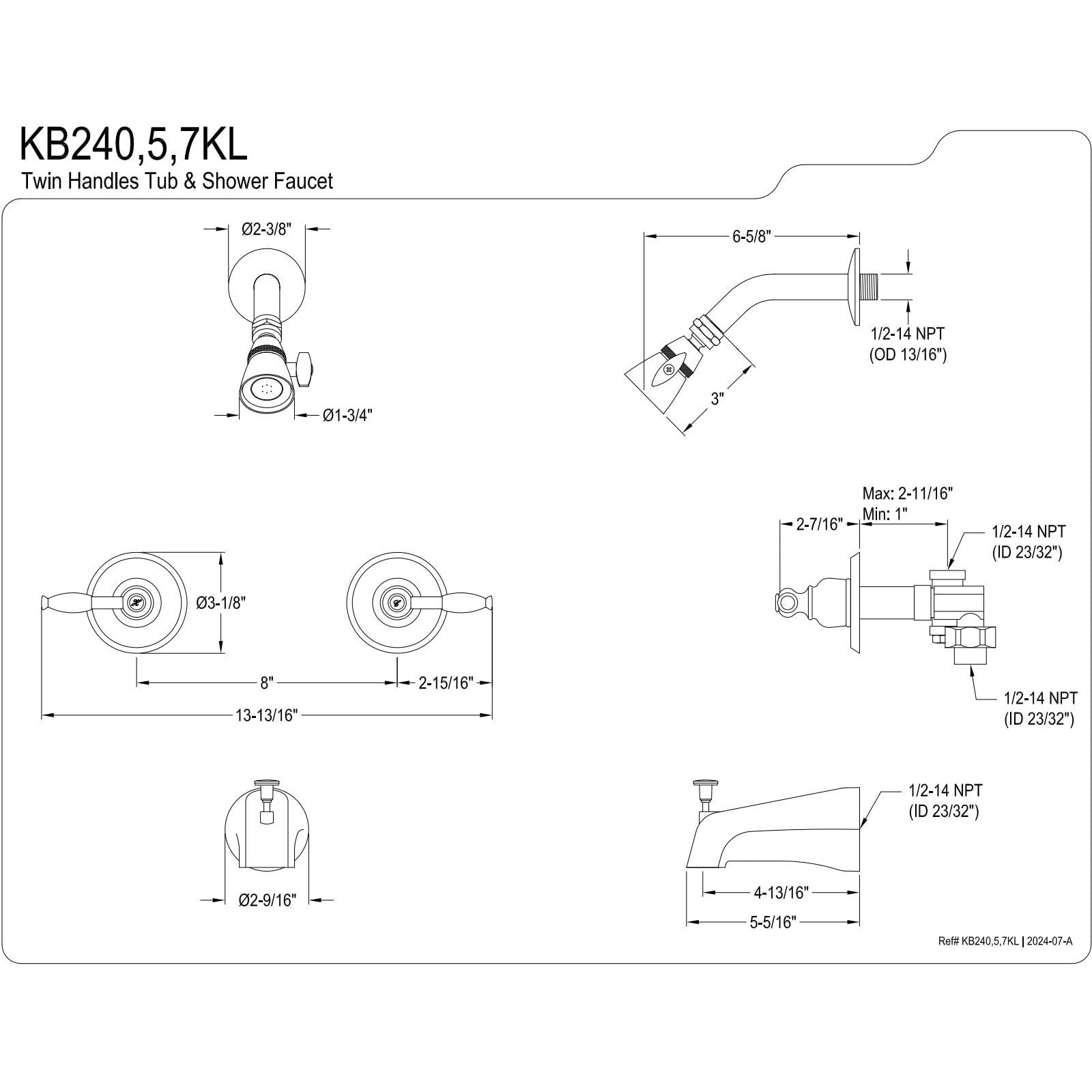 Kingston Brass Kb245Kl Tub And Shower Faucet, Oil Rubbed Bronze