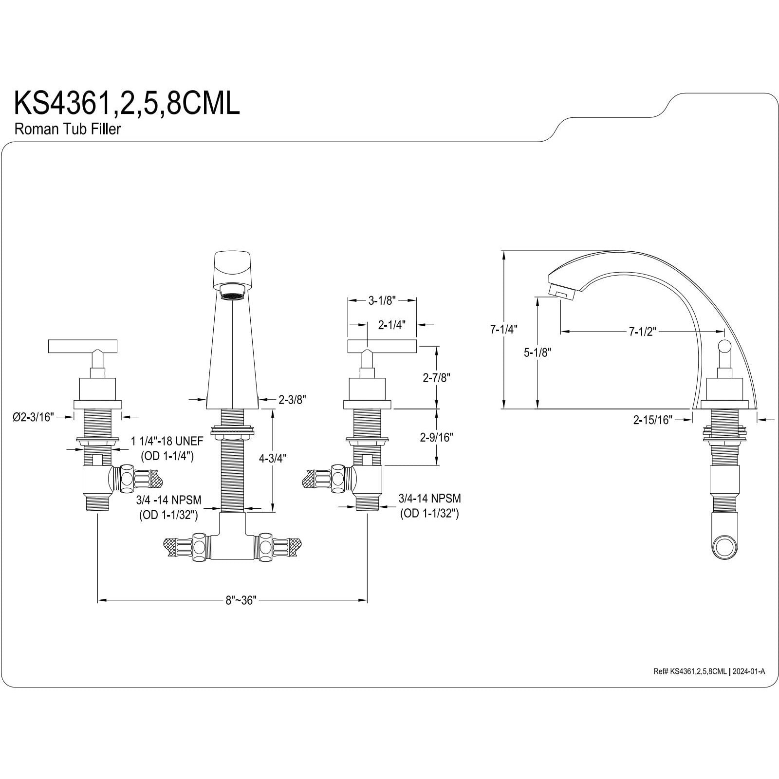 Kingston Brass Ks4365Cml Manhattan Roman Tub Filler, 7-1/2-Inch, Oil Rubbed Bronze