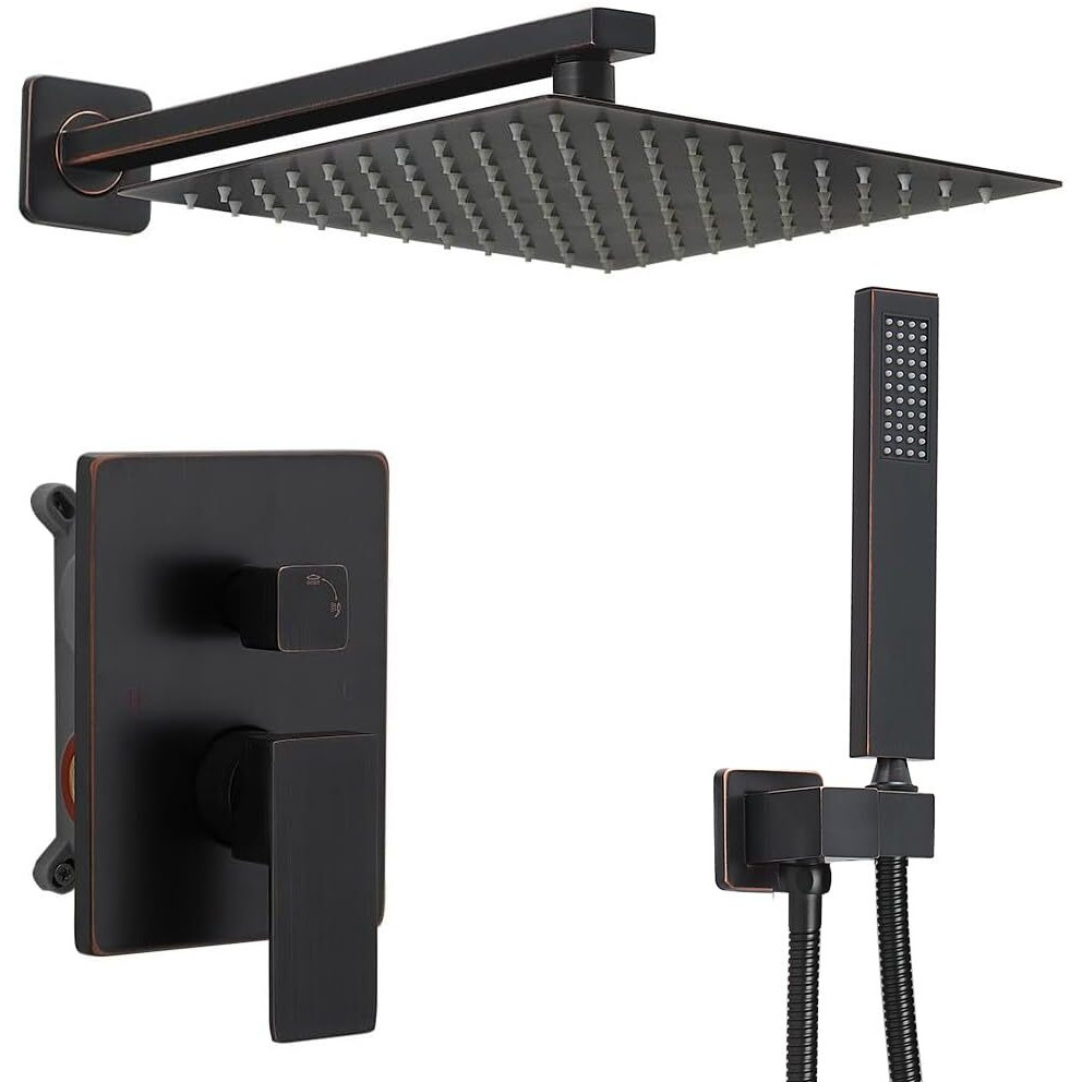 Annazom Oil Rubbed Bronze Rain Shower Faucet Set Shower System 10 Inches Square Shower Head With Handheld, Waterfall Showerhead, All Metal Shower Faucet Trim Repair Kits (Contain Shower Valve)