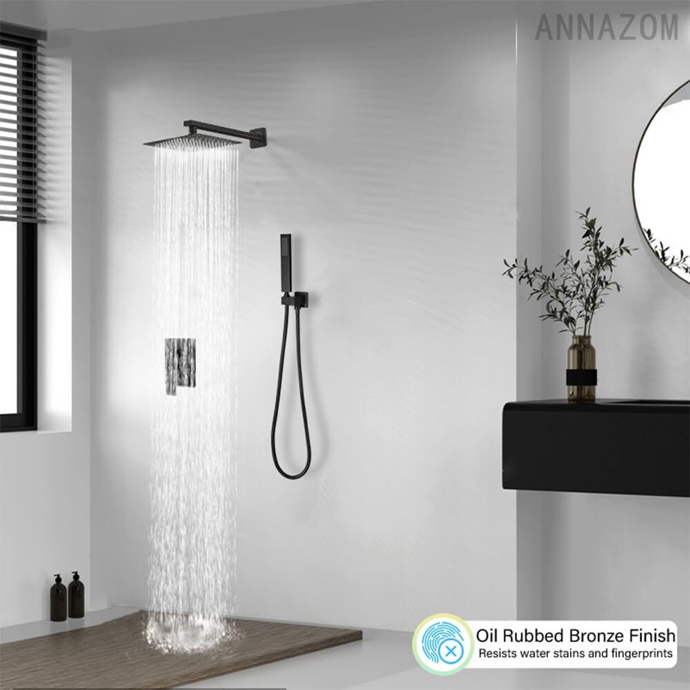 Annazom Oil Rubbed Bronze Rain Shower Faucet Set Shower System 10 Inches Square Shower Head With Handheld, Waterfall Showerhead, All Metal Shower Faucet Trim Repair Kits (Contain Shower Valve)