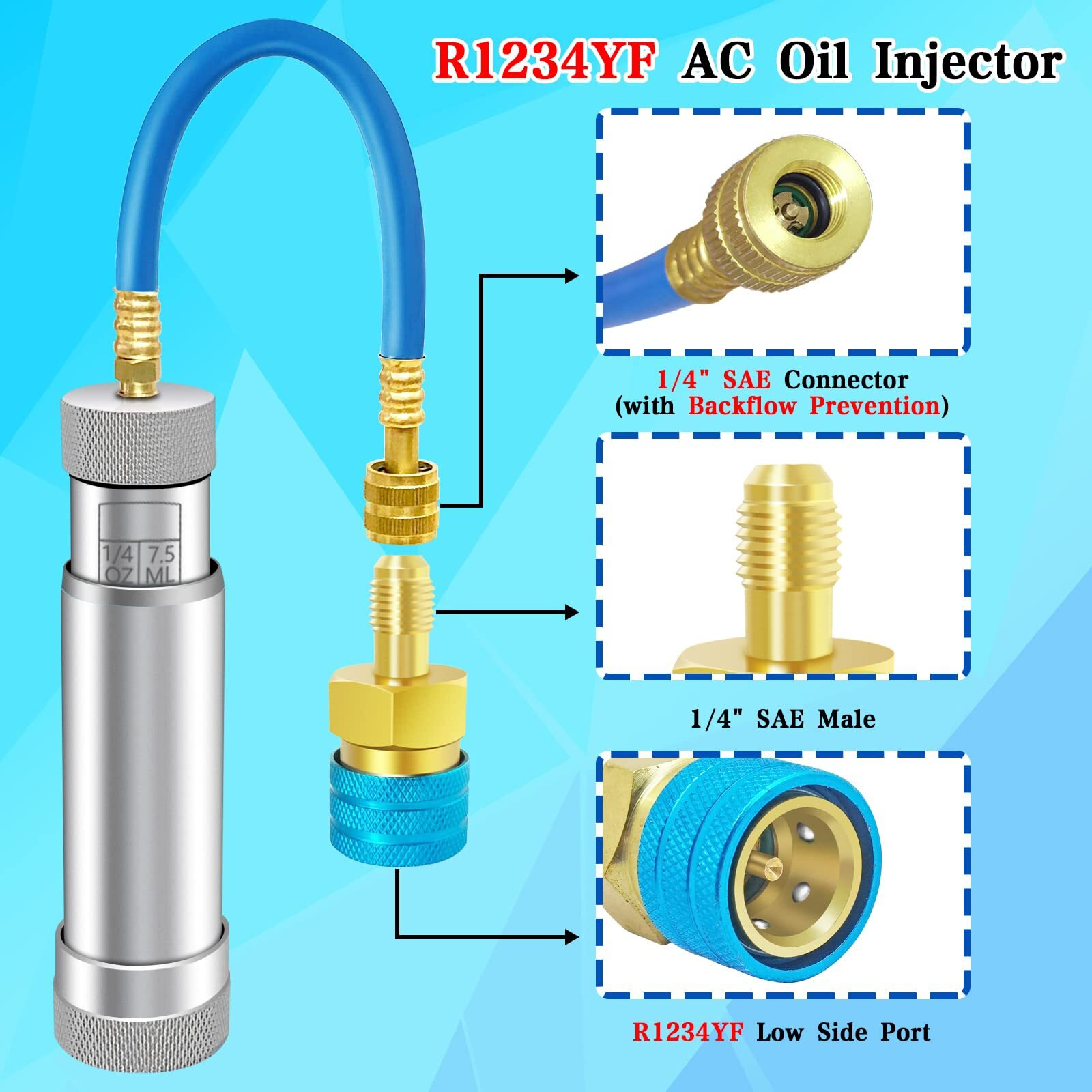 Ac Oil Injector For R1234Yf, R134A, R410A, Hvac Dye Oil Injector With 1/4"" Sae Connector, 2 Oz Refrigerant Hand Turn Ac Oil Injector Tool, For R1234Yf R134A R410A Refrigerant System
