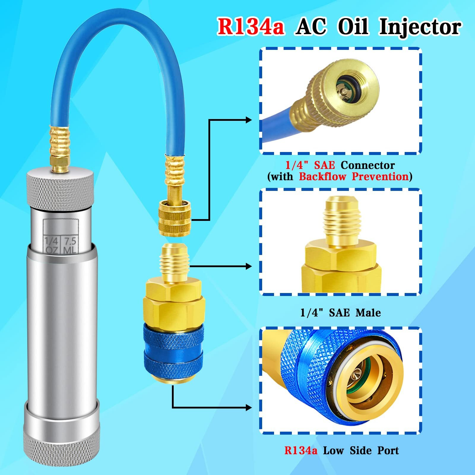 Ac Oil Injector For R1234Yf, R134A, R410A, Hvac Dye Oil Injector With 1/4"" Sae Connector, 2 Oz Refrigerant Hand Turn Ac Oil Injector Tool, For R1234Yf R134A R410A Refrigerant System