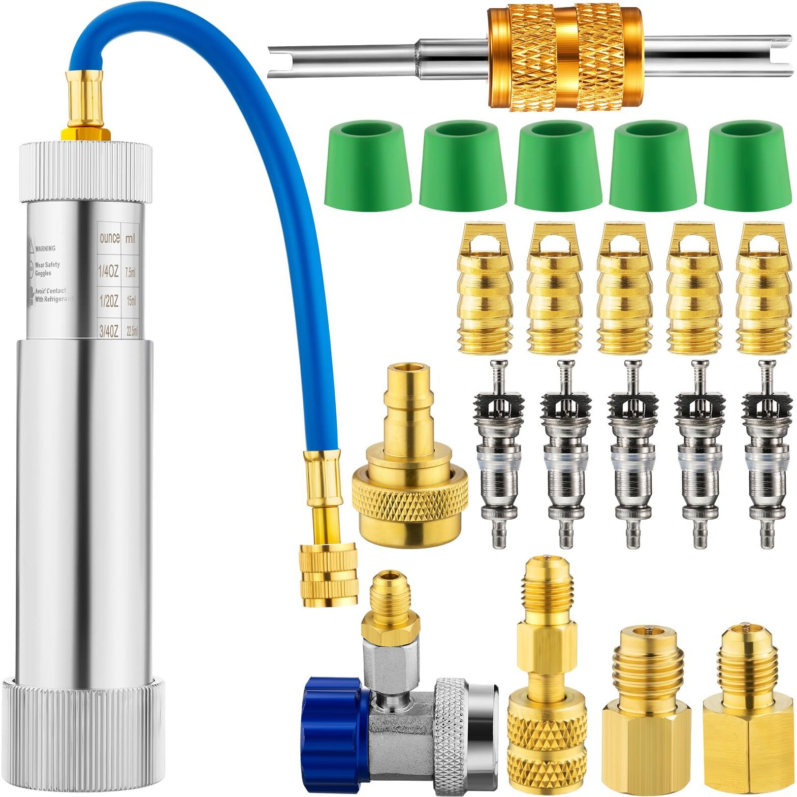 Glooglitter Ac Oil Dye Injector Kit Includes A/C Oil And Dye Injector Backflow Prevent And R410A Mini Split Adapters Valve Core Remover Compatible Withr134A R22 R12 R1234Yf Refrigerant System
